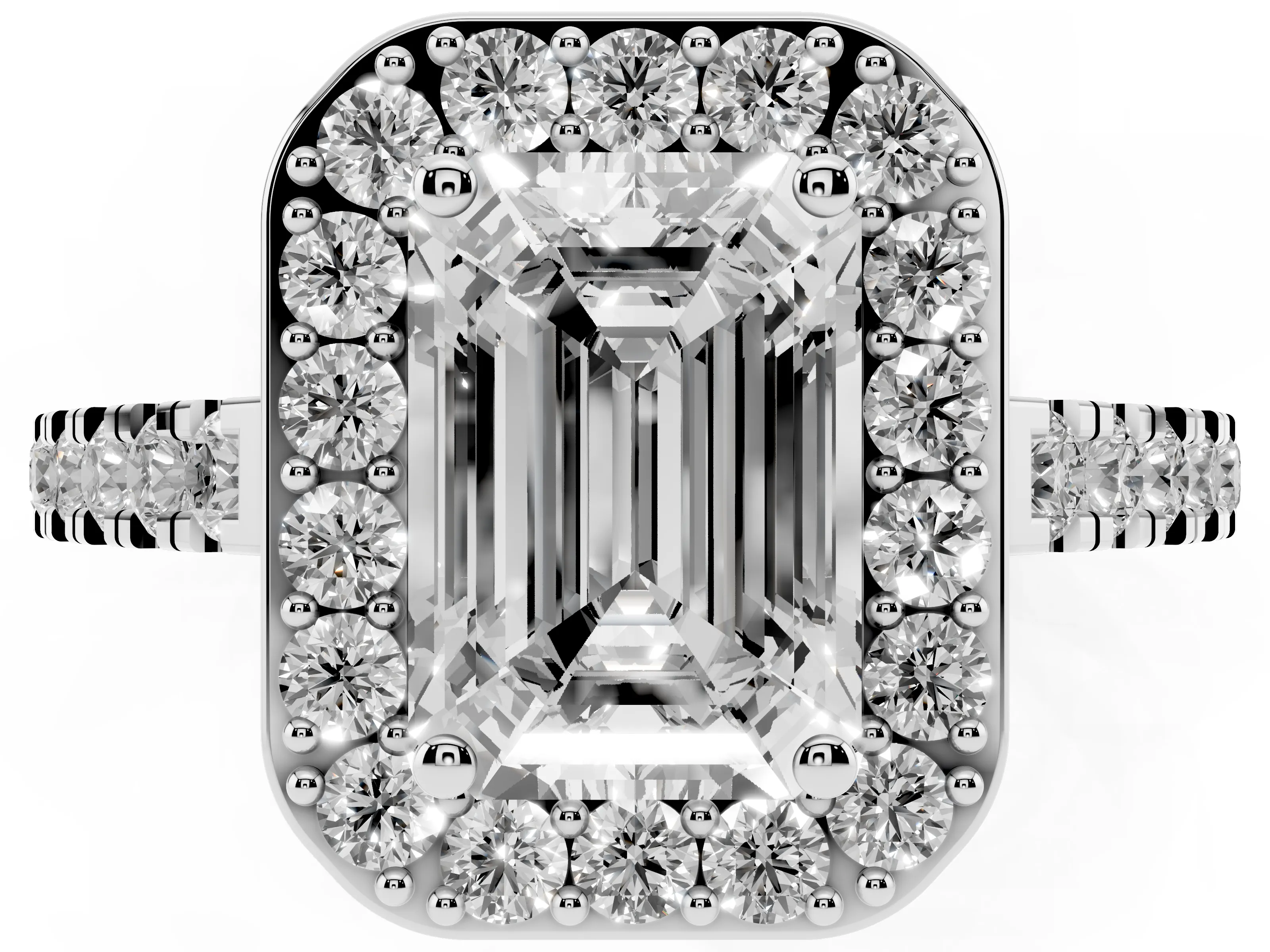 Emerald Cut Diamond Halo Ring Set in Platinum with Round Pavé Split Shank and Prong Setting