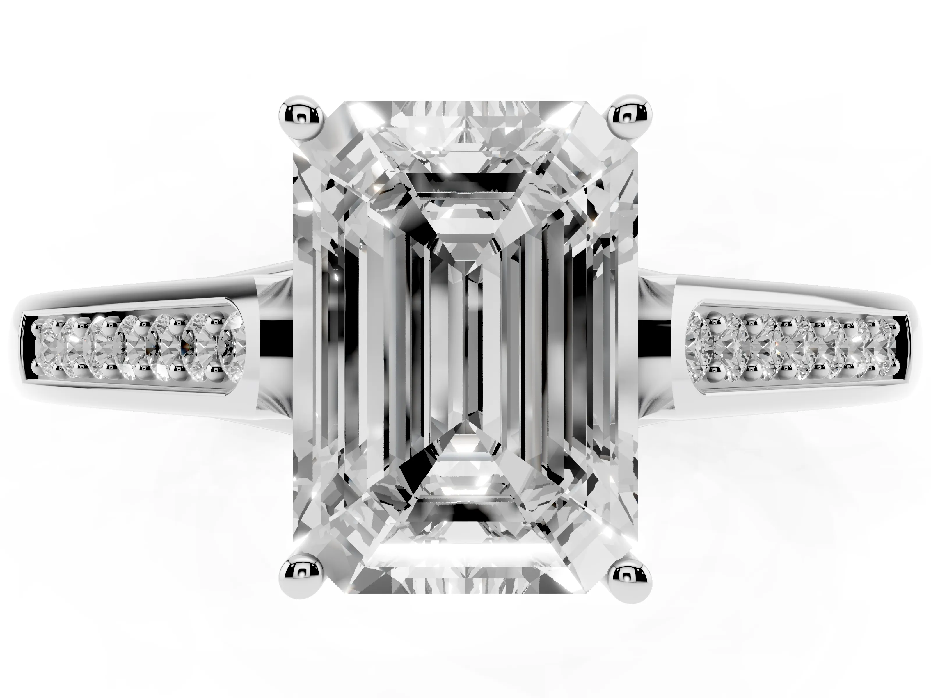 Emerald Cut Diamond Solitaire Cathedral Engagement Ring Set in White gold with Channel-Set Band and Prong Setting