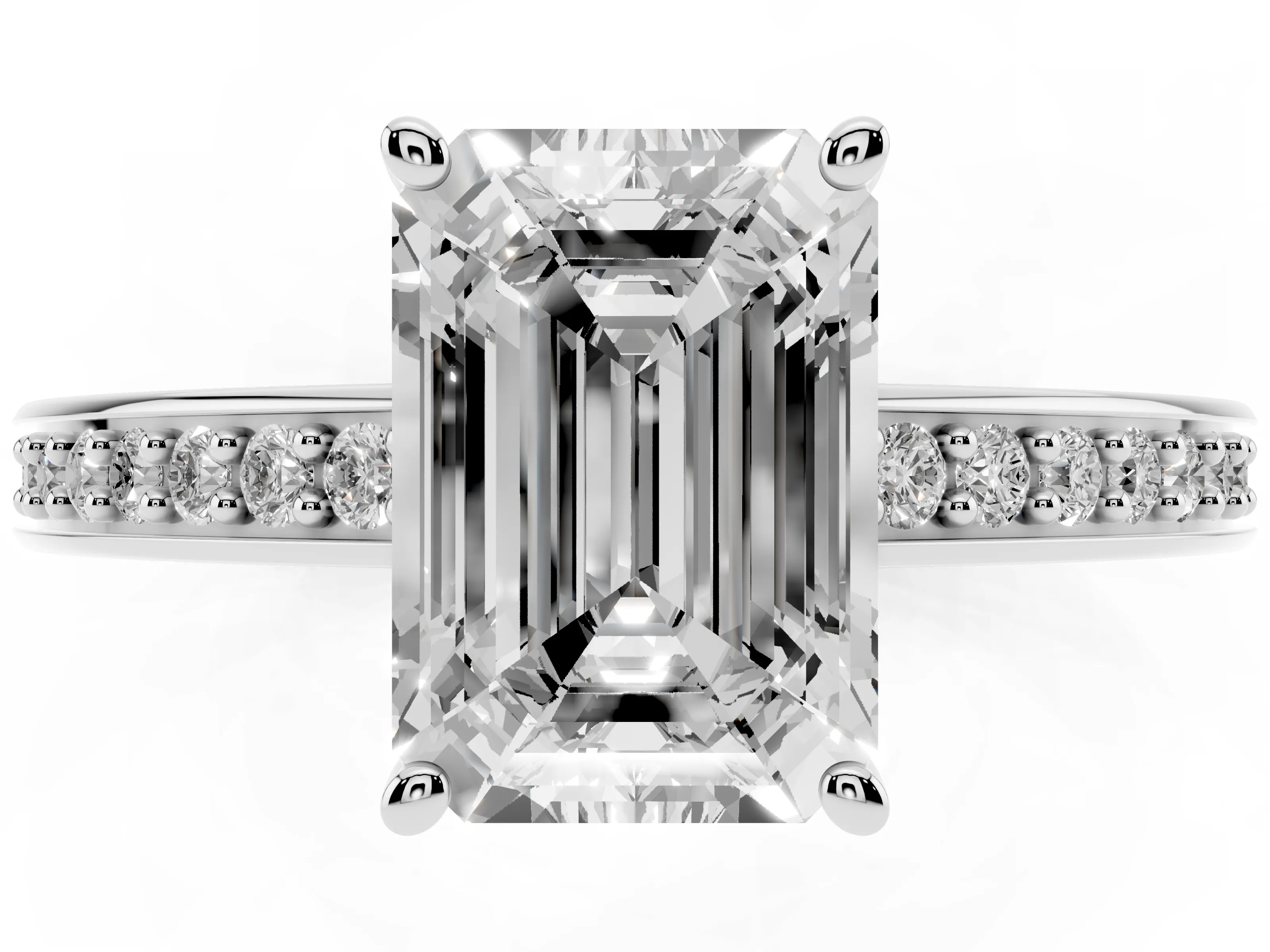 Emerald Cut Diamond Pavé Band Prong Set Solitaire Ring Set in White gold