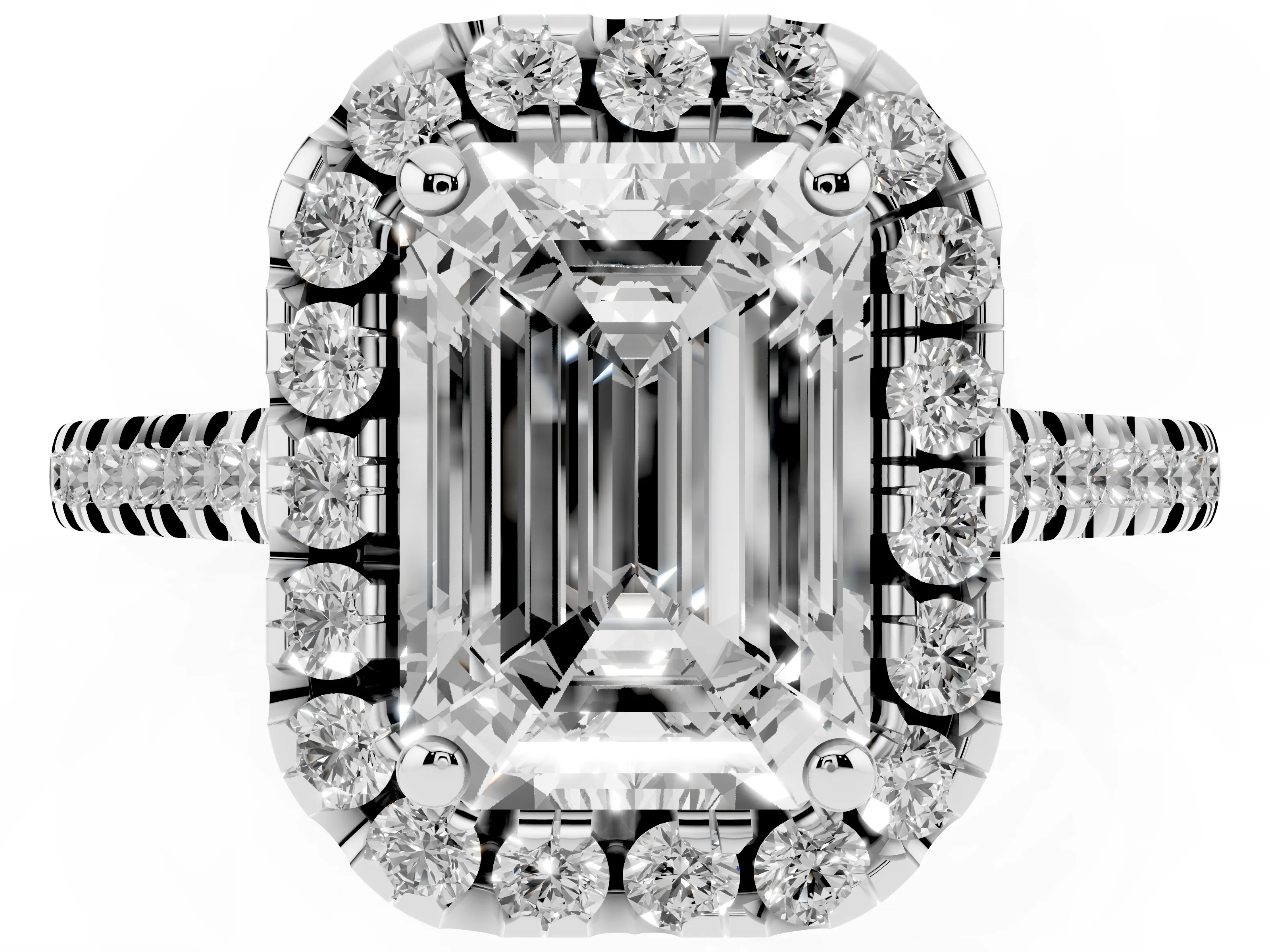 Emerald Cut Diamond Cushion Halo Ring Set in White gold with Pavé Band