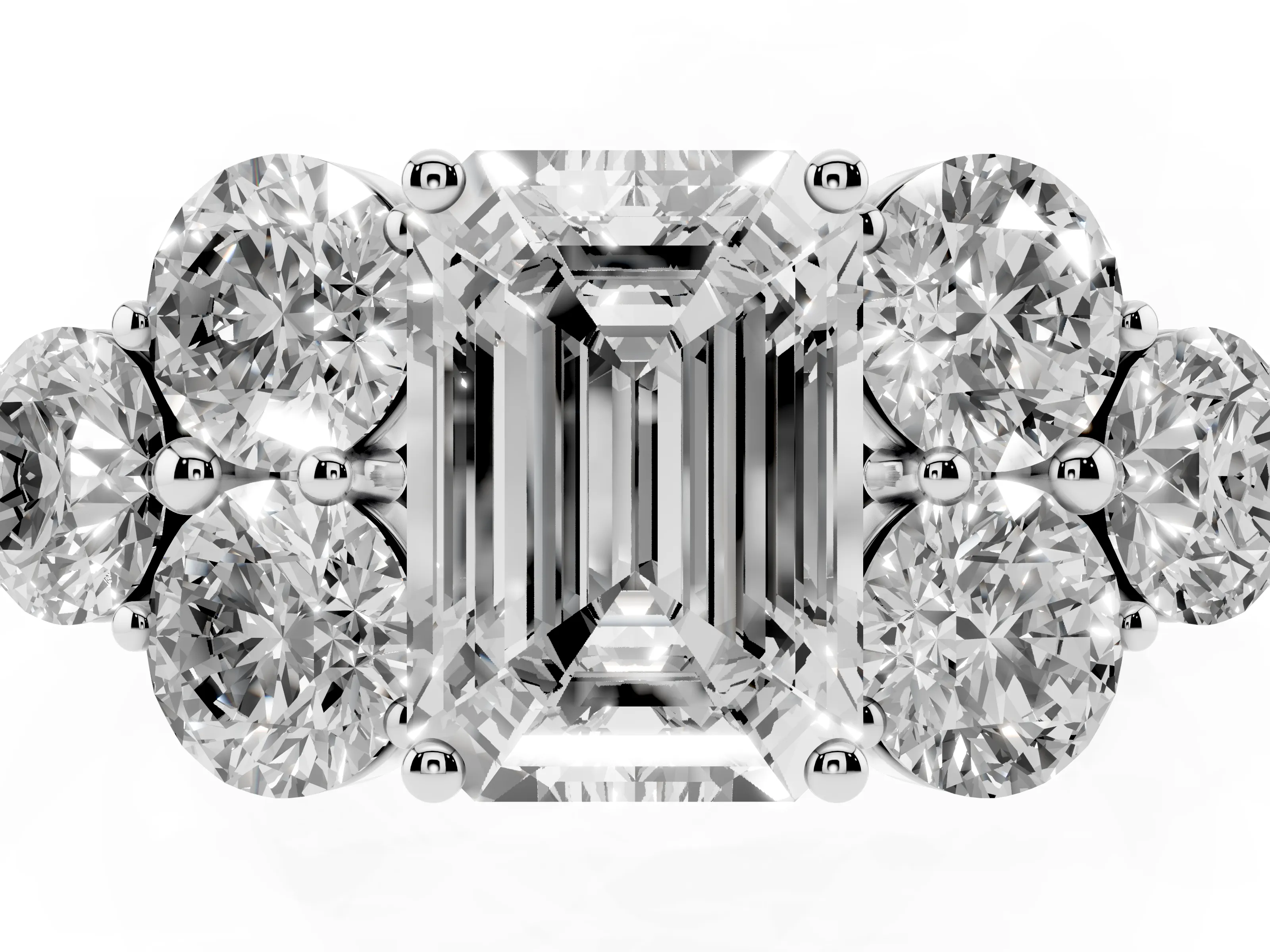 Emerald Cut Diamond Cluster Ring Set in Platinum with Round Accent Stones and Prong Setting on a Plain Band