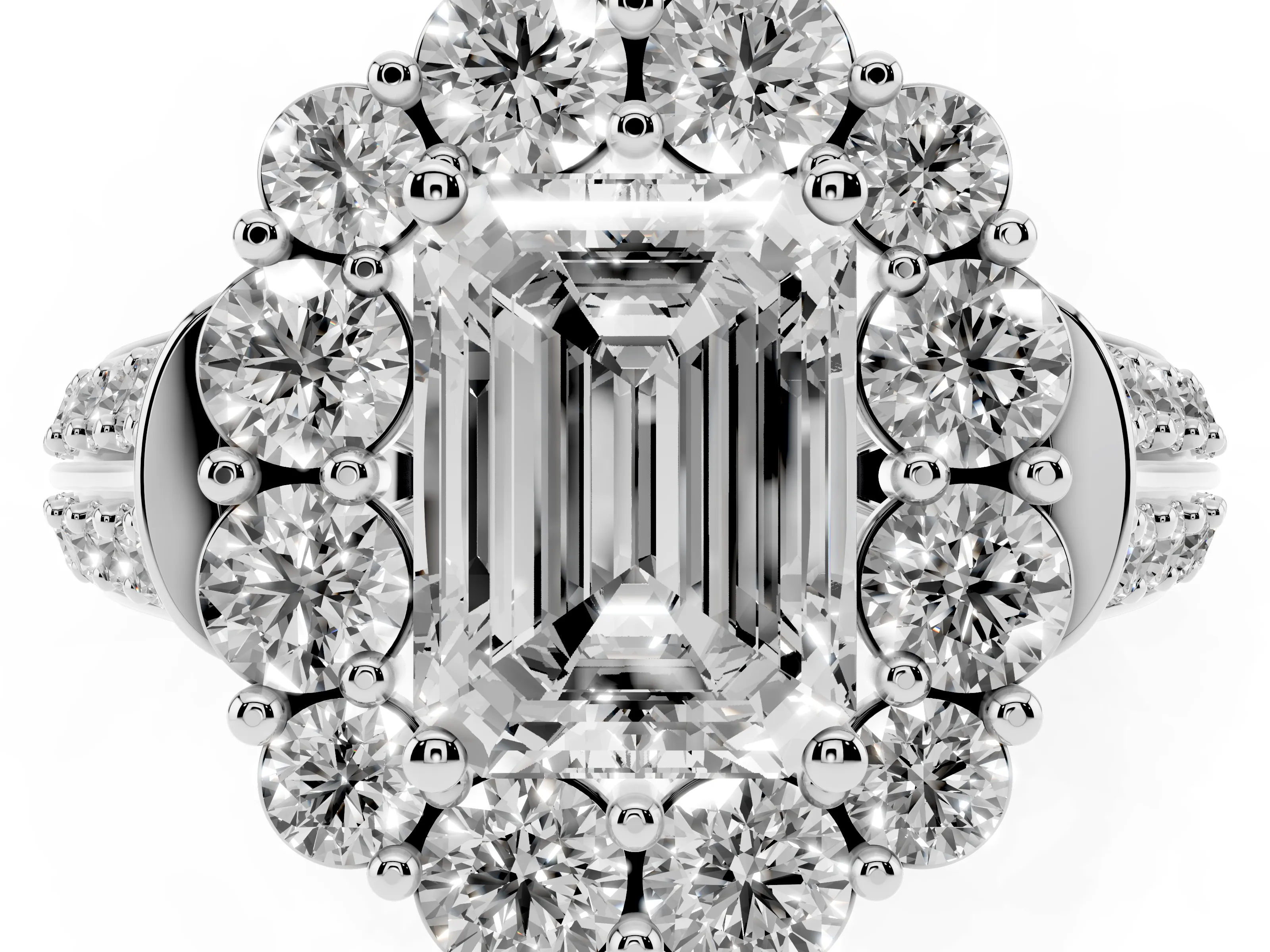 Emerald Cut Diamond Halo Engagement Ring Set in Platinum with Split Shank and Prong Setting
