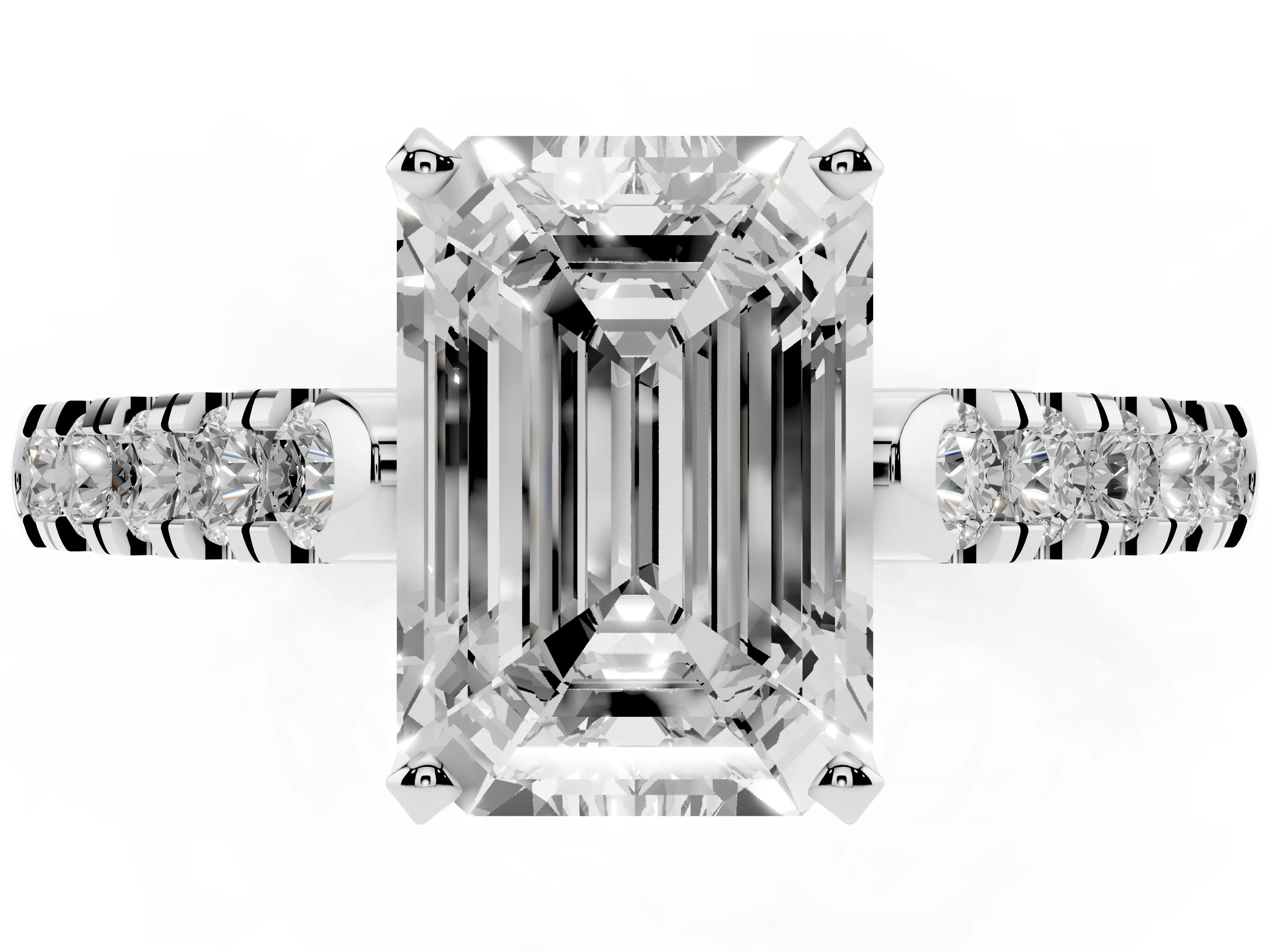 Emerald Cut Diamond Pavé Band Solitaire Ring Set in Silver with Partway Accent Stones and Prong Setting