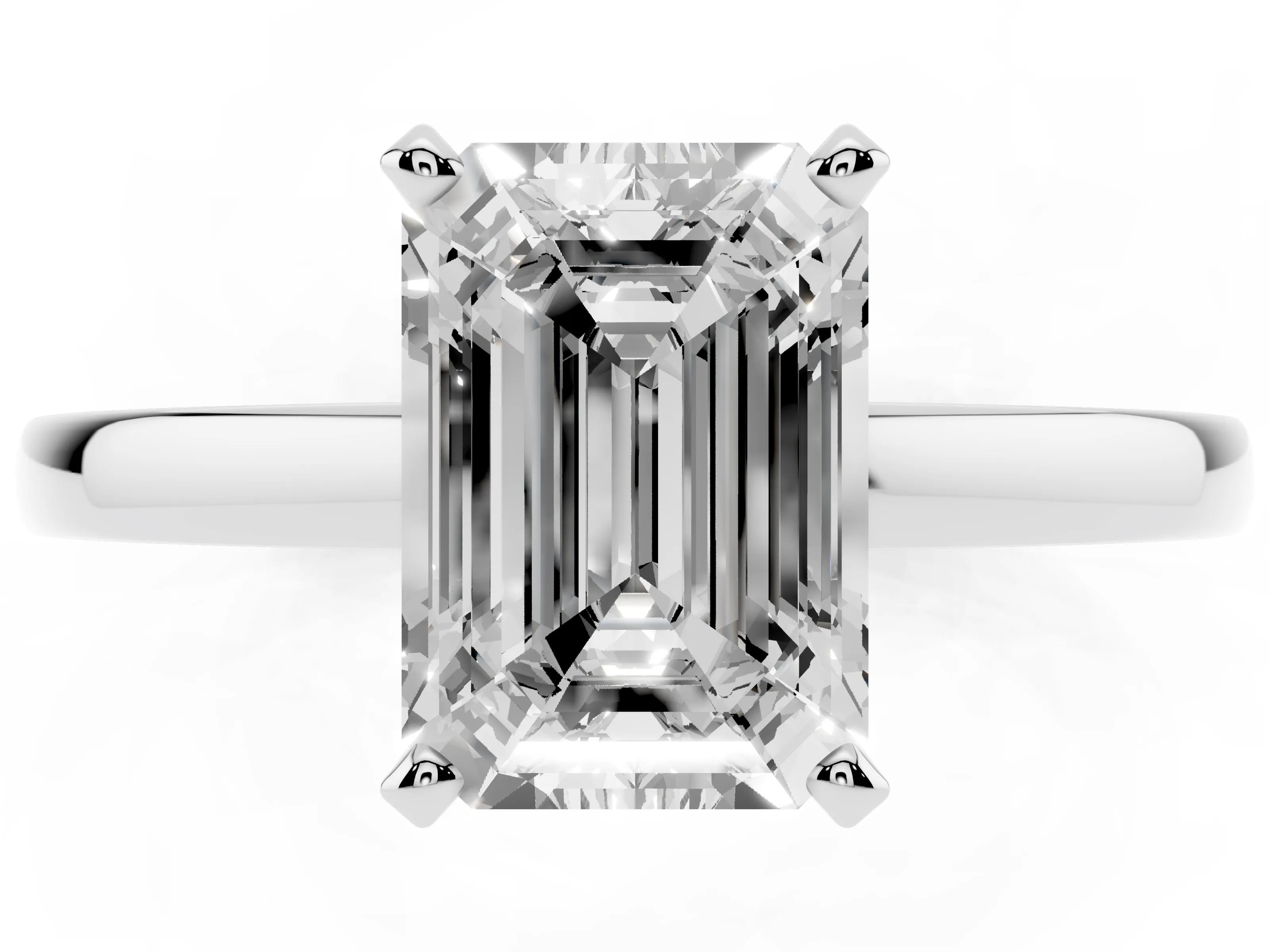 Emerald Cut Diamond Solitaire Engagement Ring Set in Platinum with Prong Setting on a Classic Band