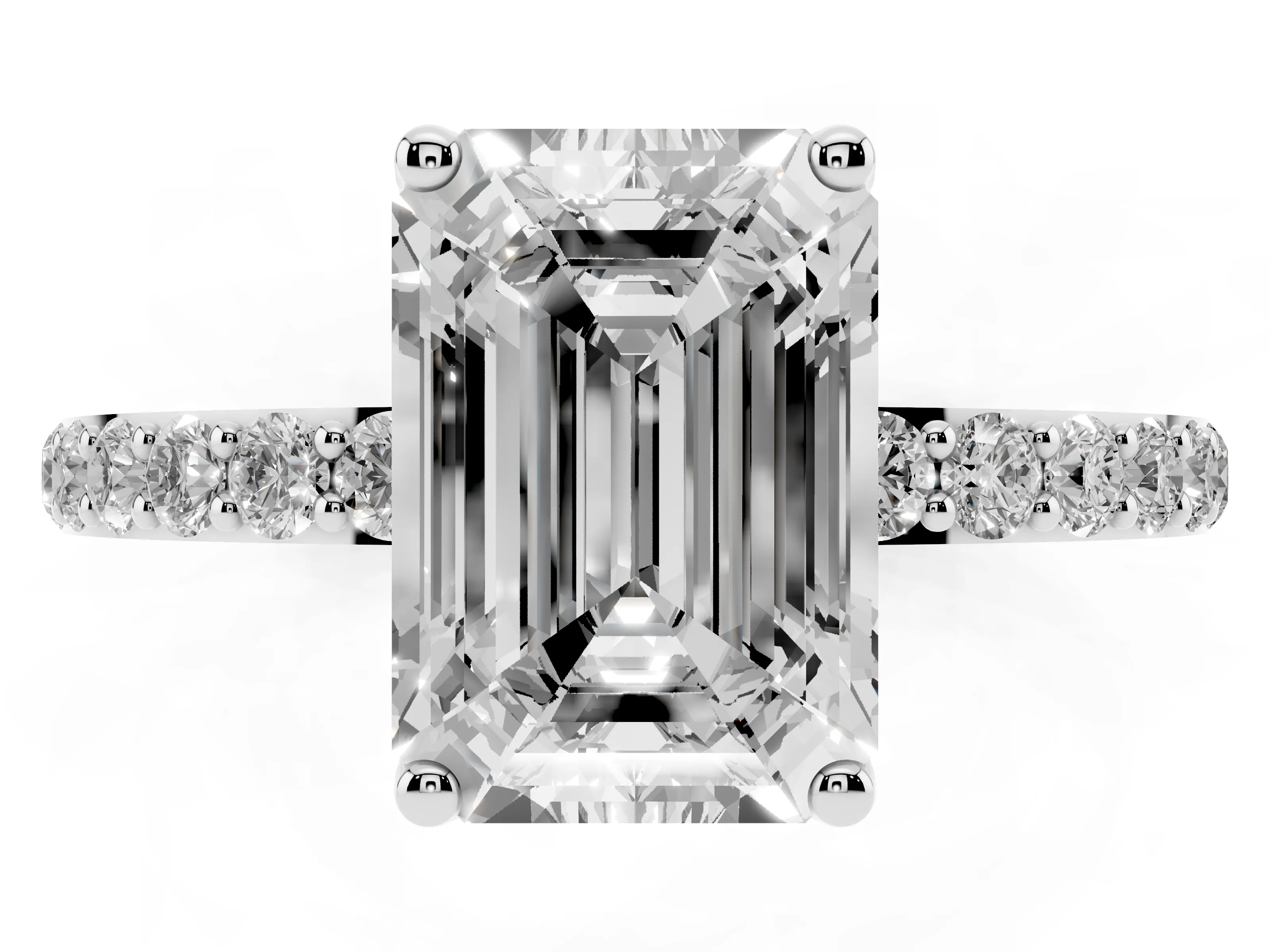 Emerald Cut Diamond Solitaire Engagement Ring Set in Platinum with Round Pavé Band and Prong Setting