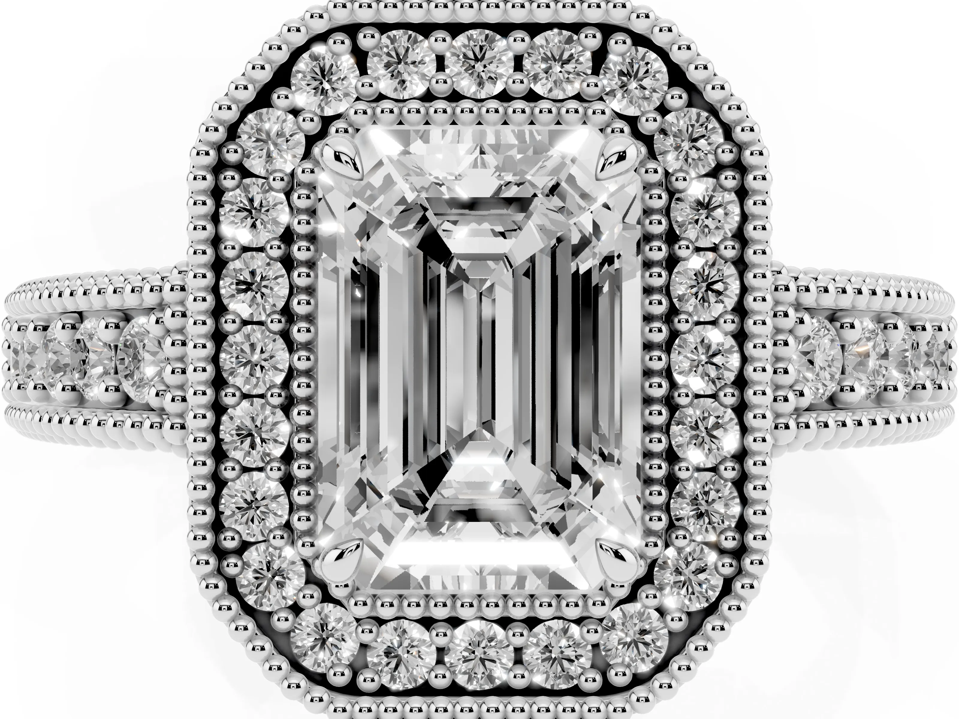 Emerald Cut Diamond Halo Ring Set in Silver with Round Accent Halo, Pavé Band and Prong Setting