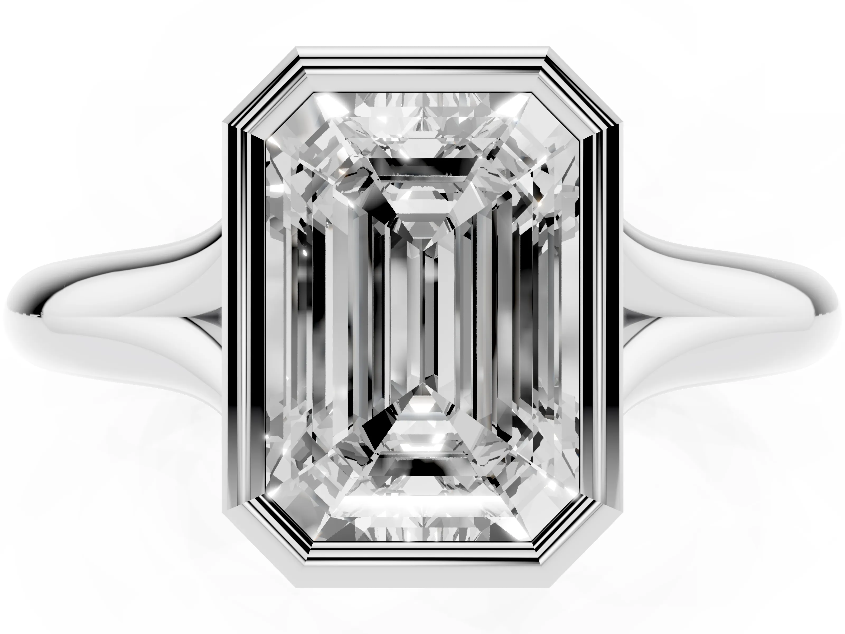 Bezel Set Emerald Cut Diamond Solitaire Ring Set in White gold with Smooth Band