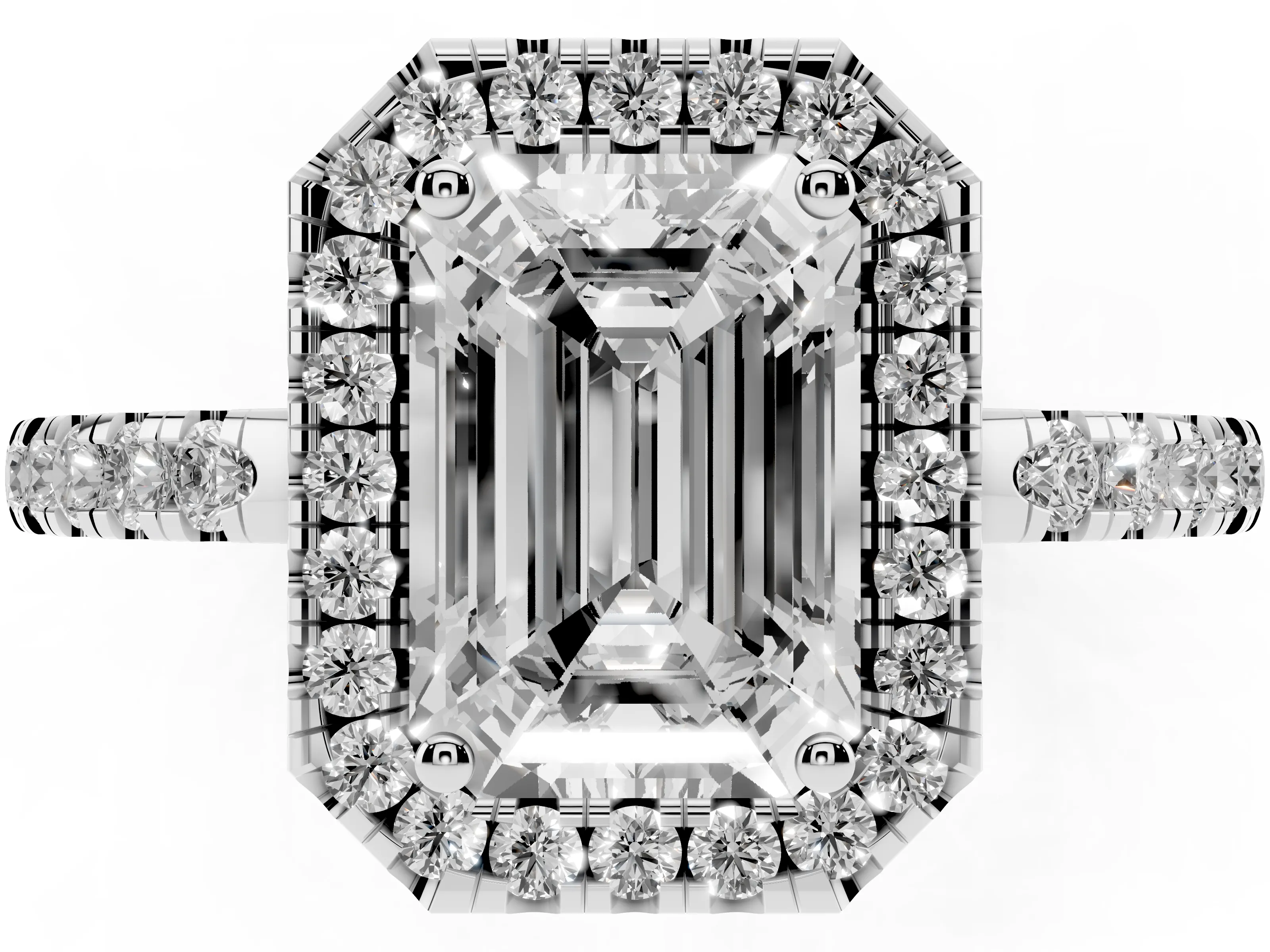 Emerald Cut Diamond Pavé Band Halo Engagement Ring Set in Silver with Prong Setting