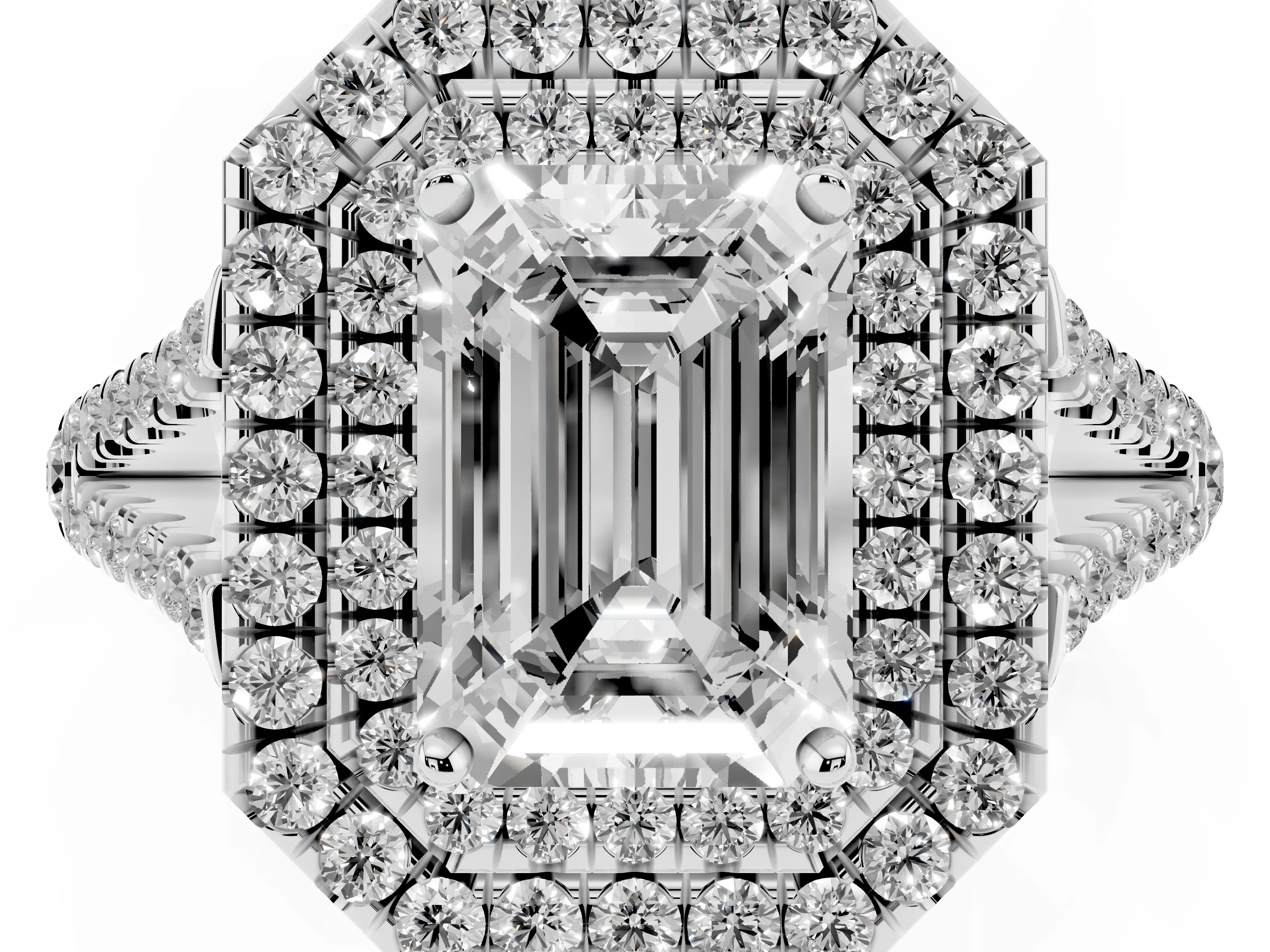 Emerald Cut Diamond Double Halo Ring Set in Silver with Pavé Band