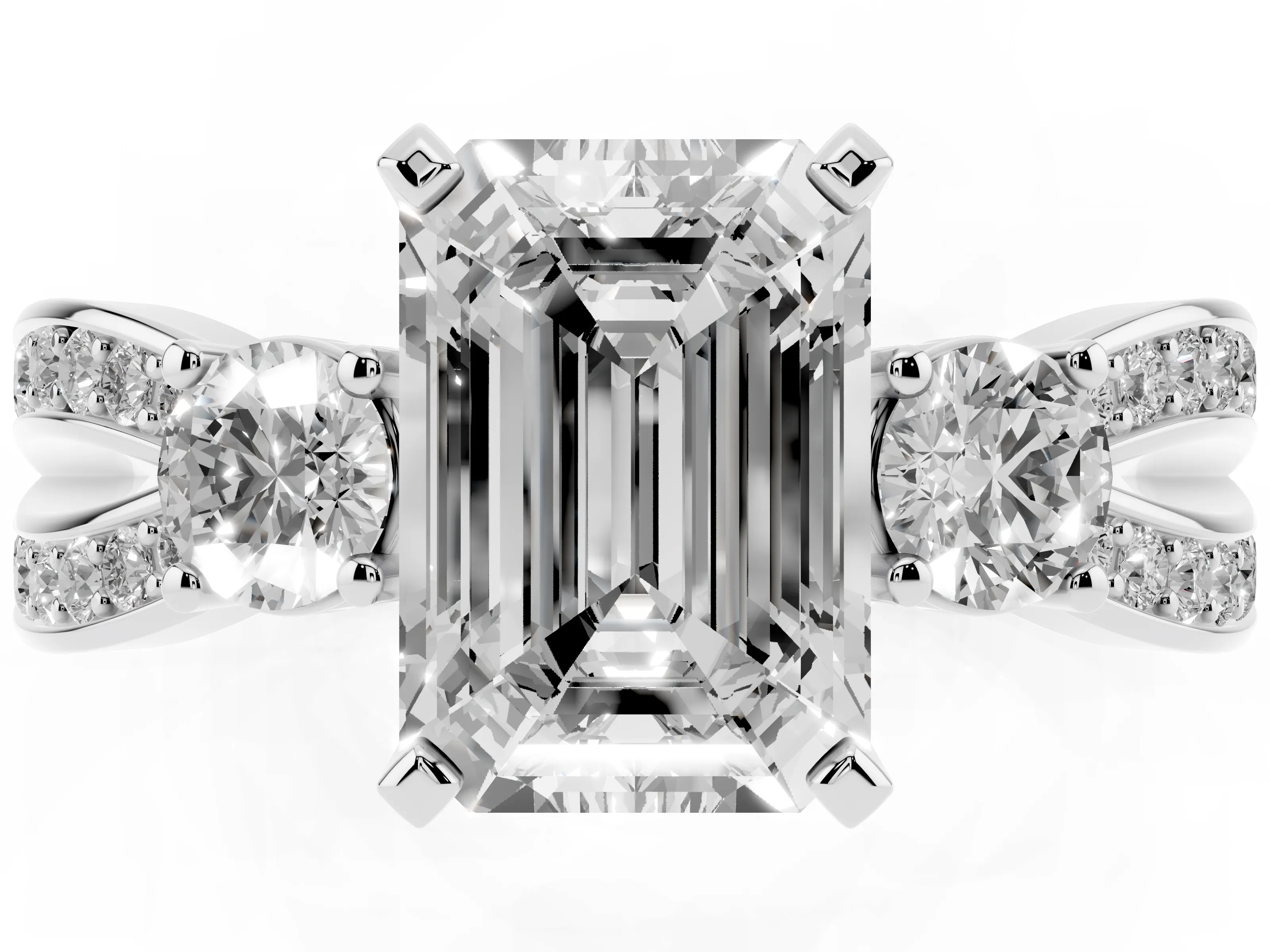 Three-Stone Emerald Cut Diamond Twist Band Ring Set in Platinum with Pavé Accents and Prong Setting