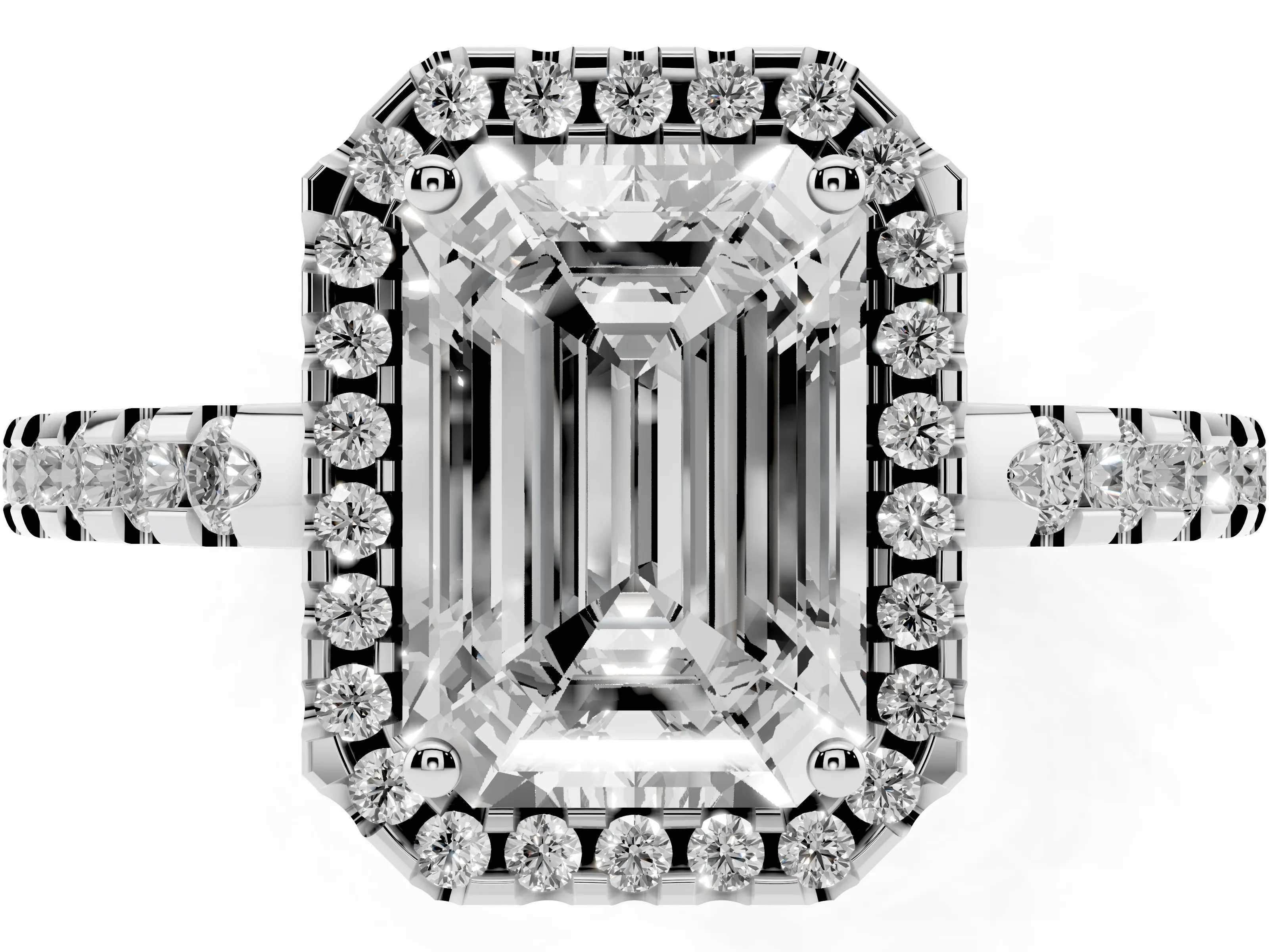 Emerald Cut Diamond Halo Ring Set in White gold with Pavé Shoulders and Halo-Framed Center