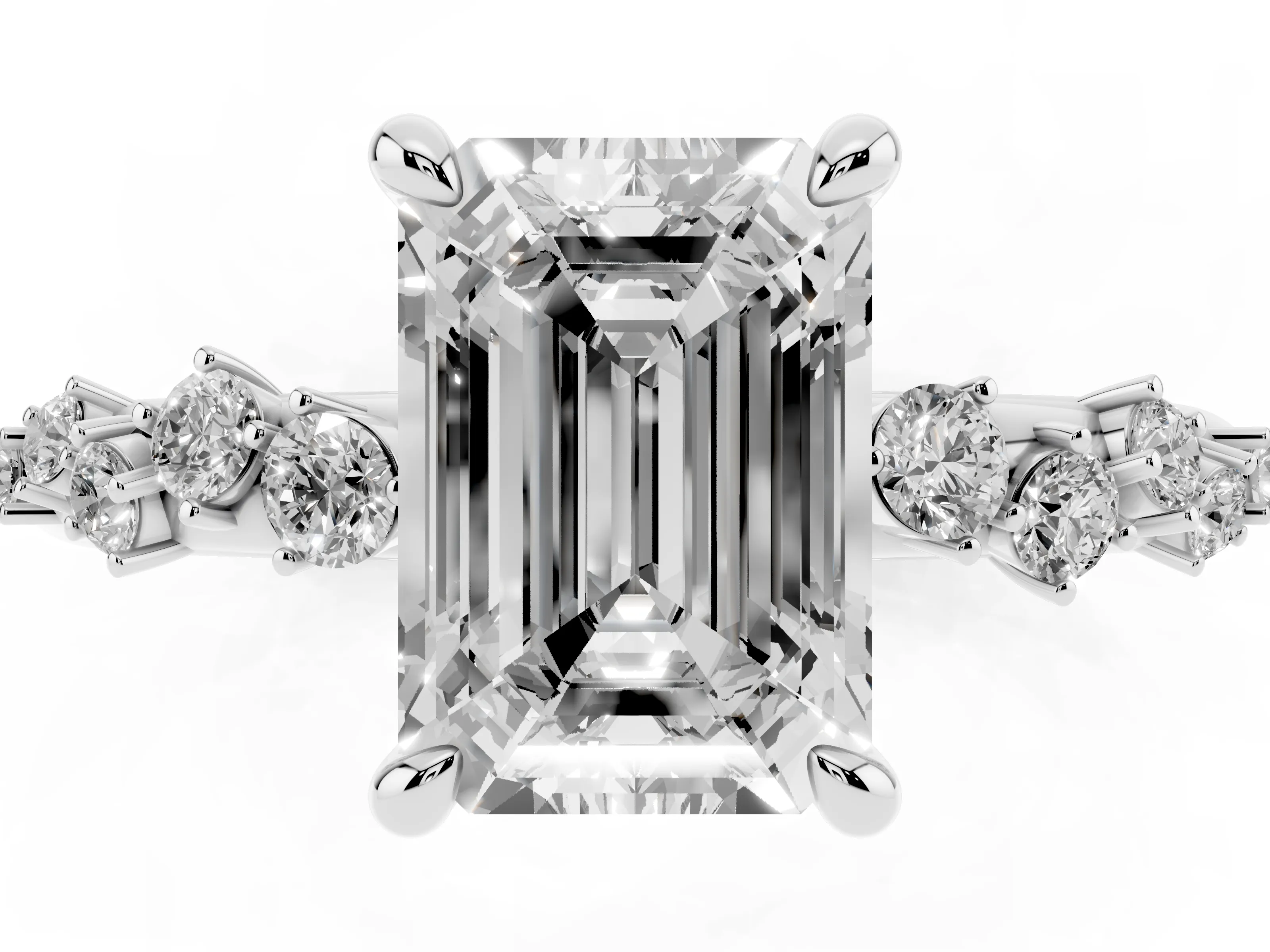 Emerald Cut Diamond Solitaire Vine Band Ring Set in White gold with Round Accents and Prong Setting
