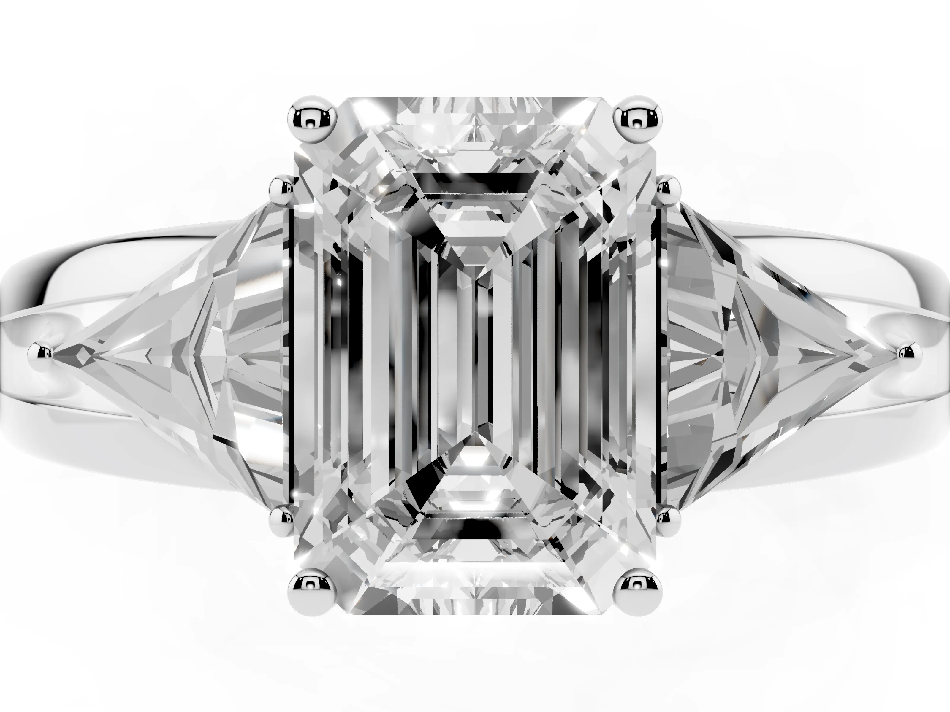 Emerald Cut Diamond Three-Stone Ring Set in Platinum with Trillion Side Stones and Split Shank