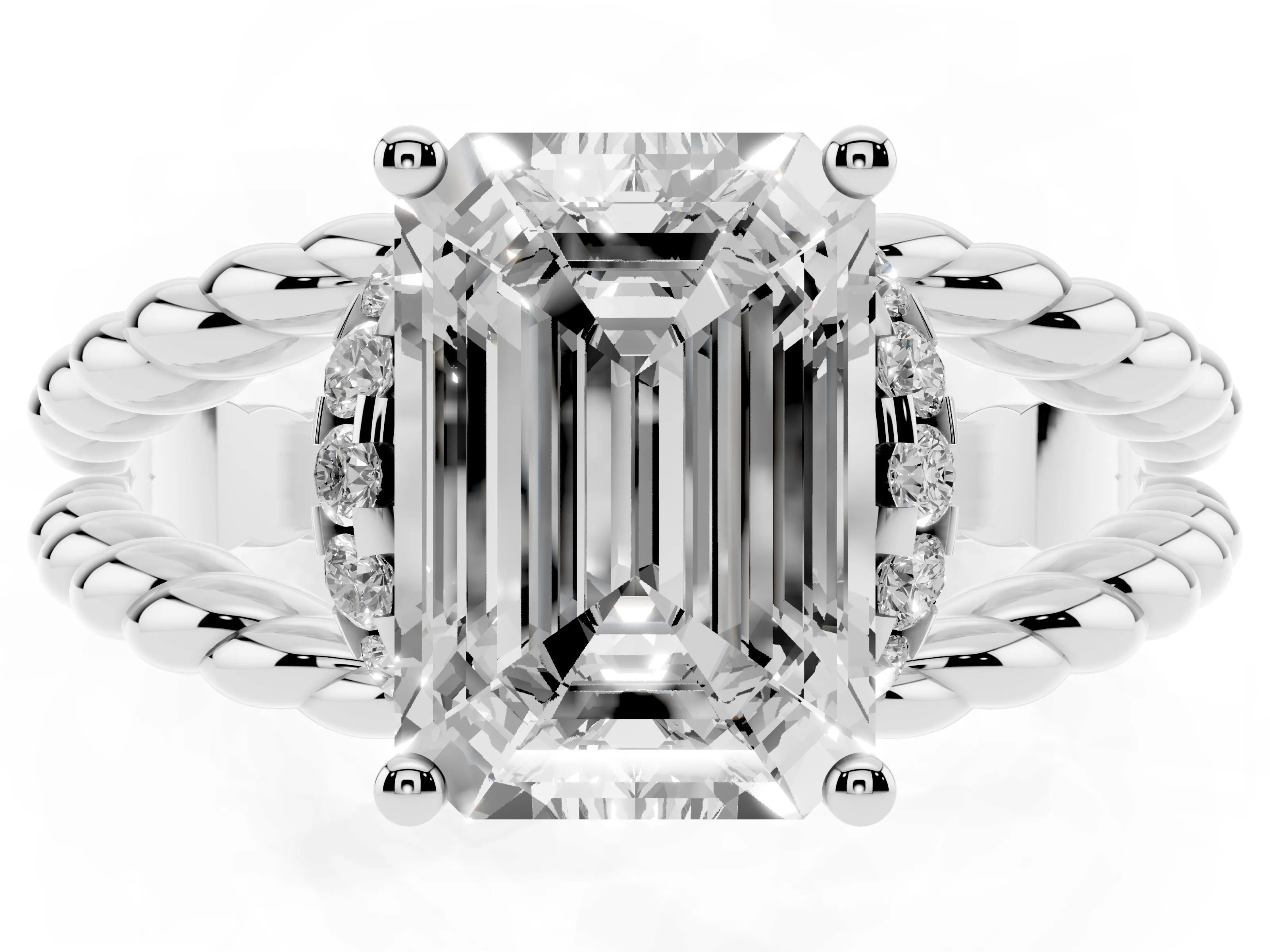 Emerald Cut Diamond Halo Ring Set in White gold with Twisted Band and Prong Setting