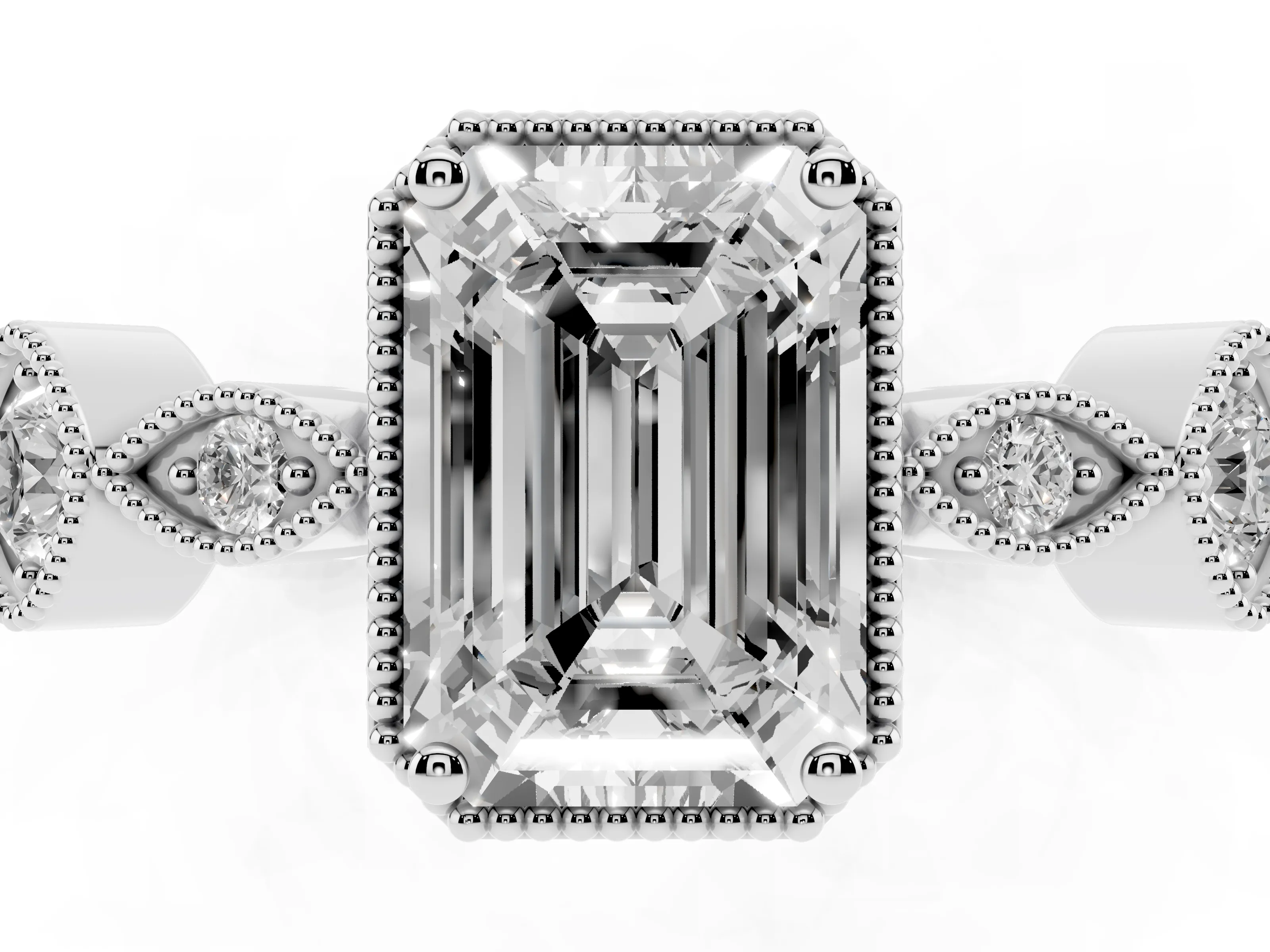 Emerald Cut Diamond Vintage-Inspired Milgrain Ring Set in Platinum with Marquise Stations of Round Accents