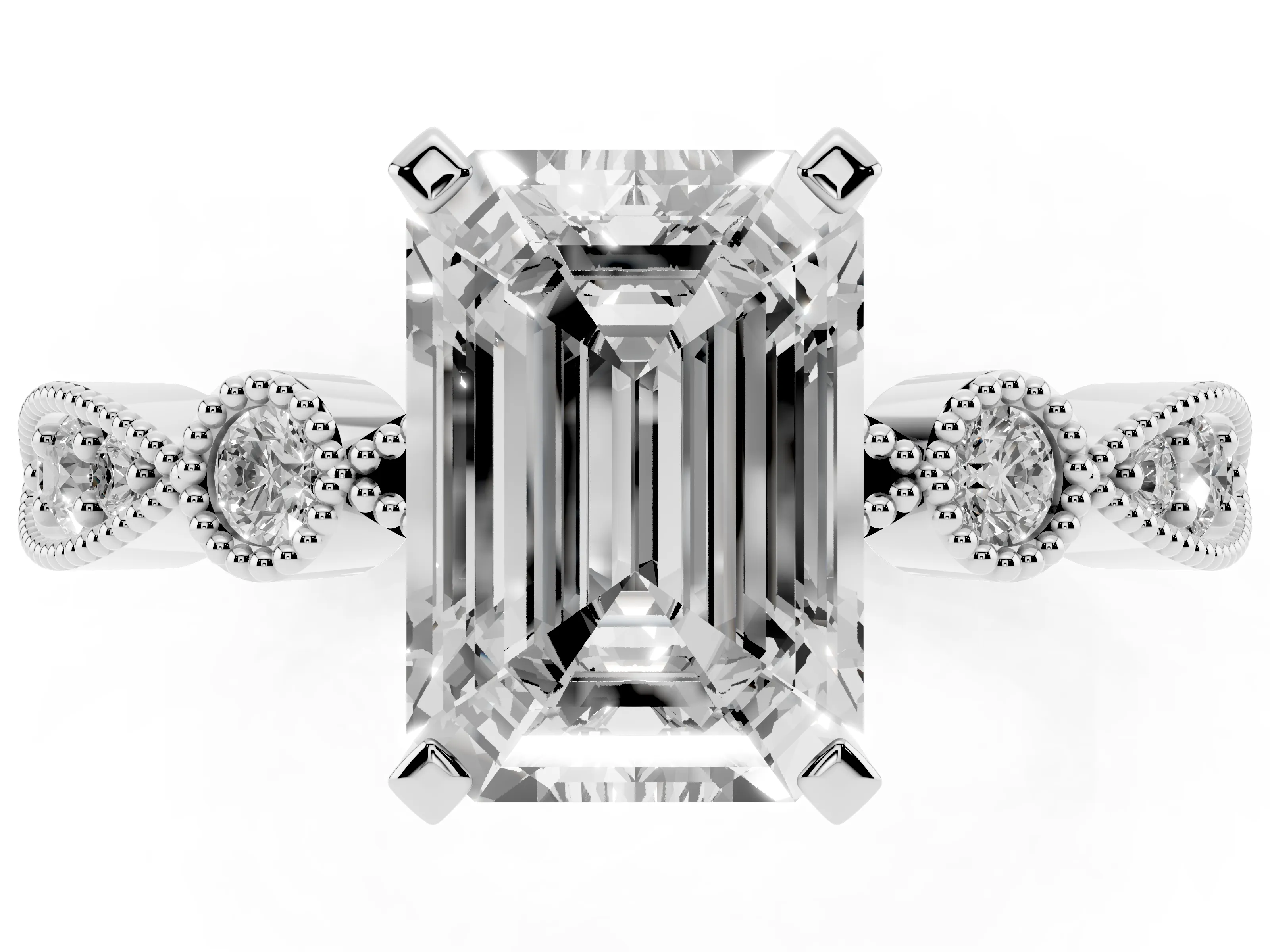Emerald Cut Diamond Solitaire Engagement Ring Set in White gold with Milgrain Bezel Accent Band