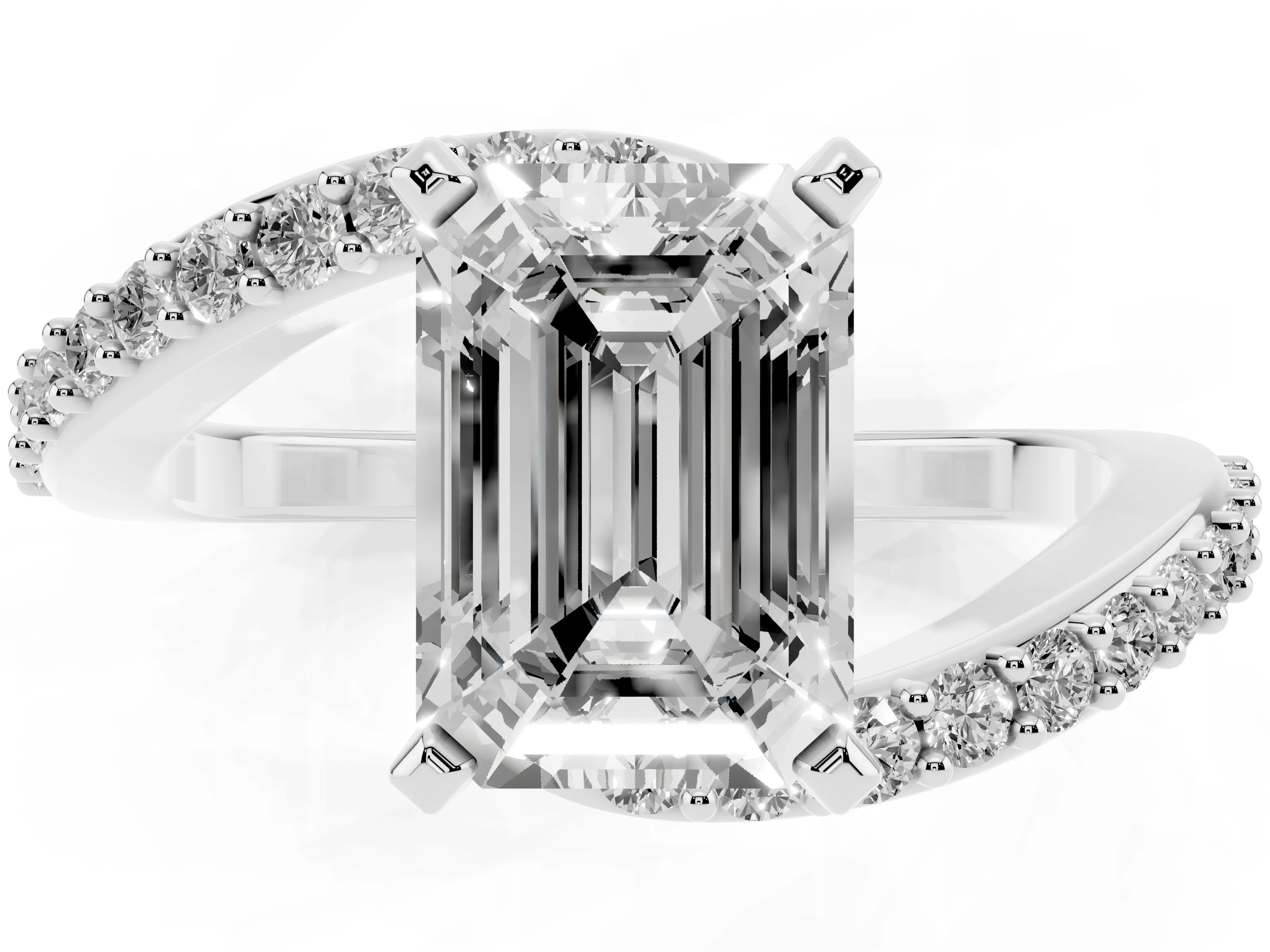 Emerald Cut Diamond Solitaire Ring Set in Platinum with Pavé Twist Band and Prong Setting