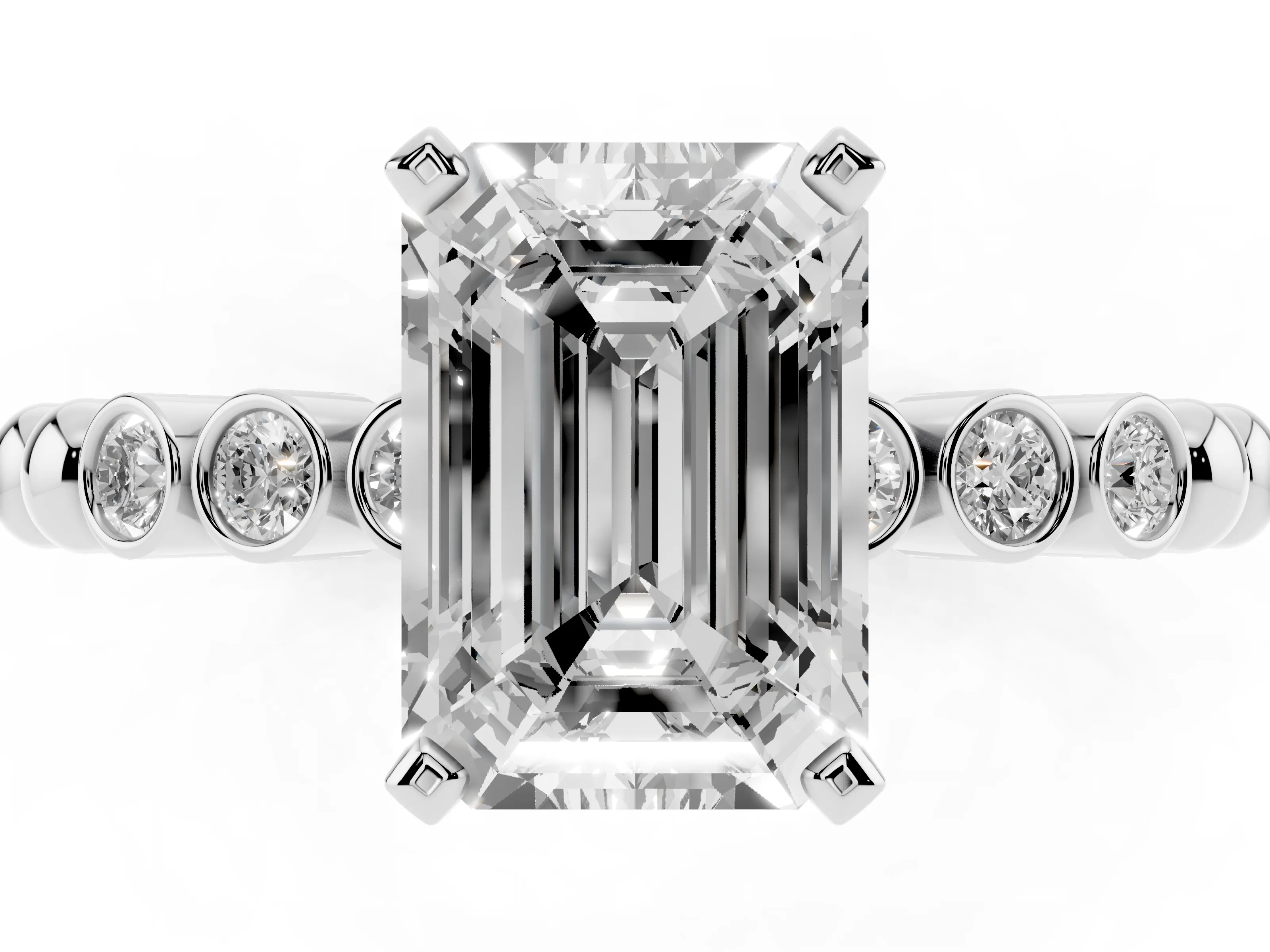 Emerald Cut Diamond Solitaire Engagement Ring Set in Platinum with Bezel Accents on Beaded Band