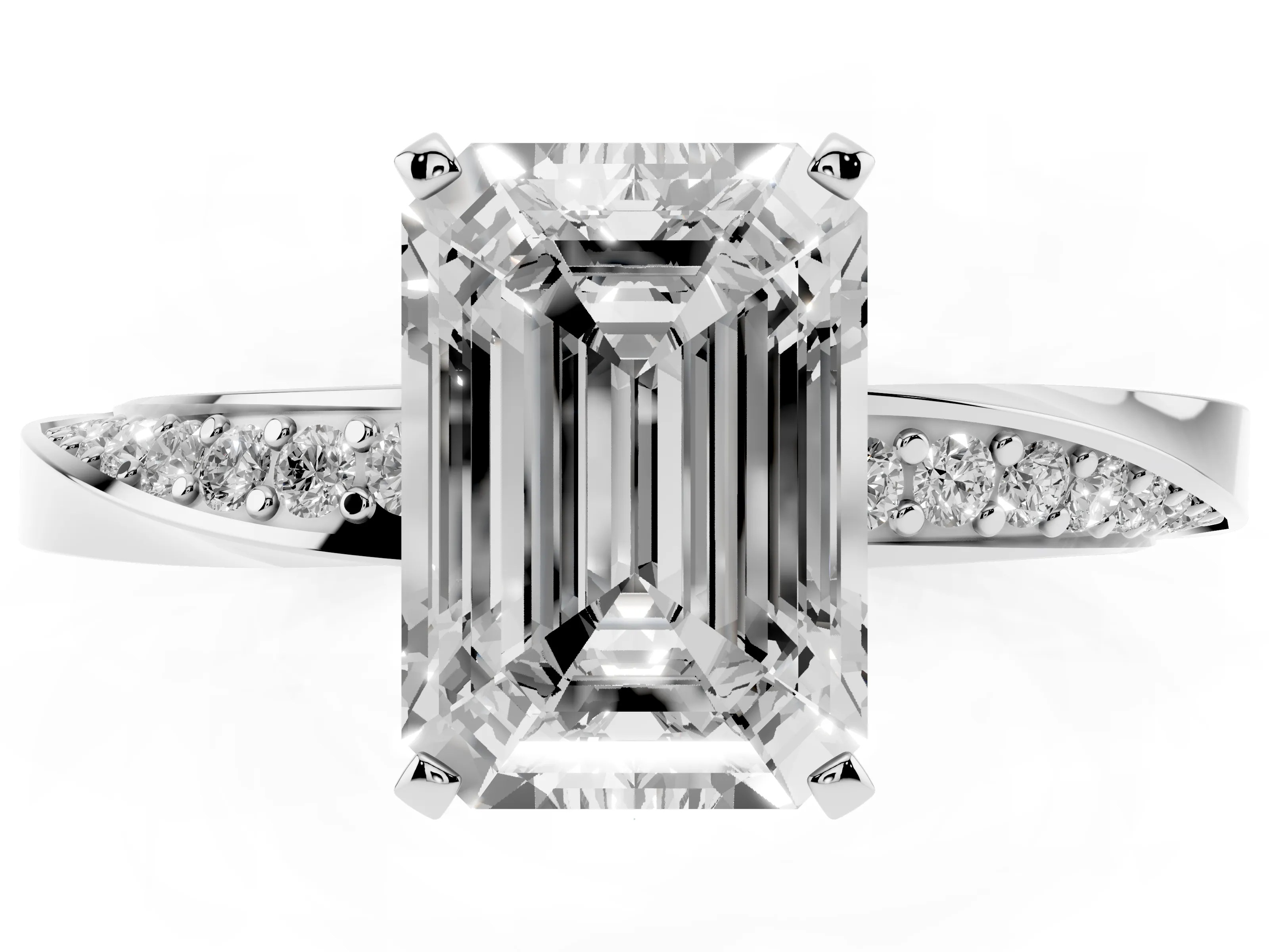 Emerald Cut Diamond Engagement Ring Set in Platinum with Side Stone Accents and Prong Setting