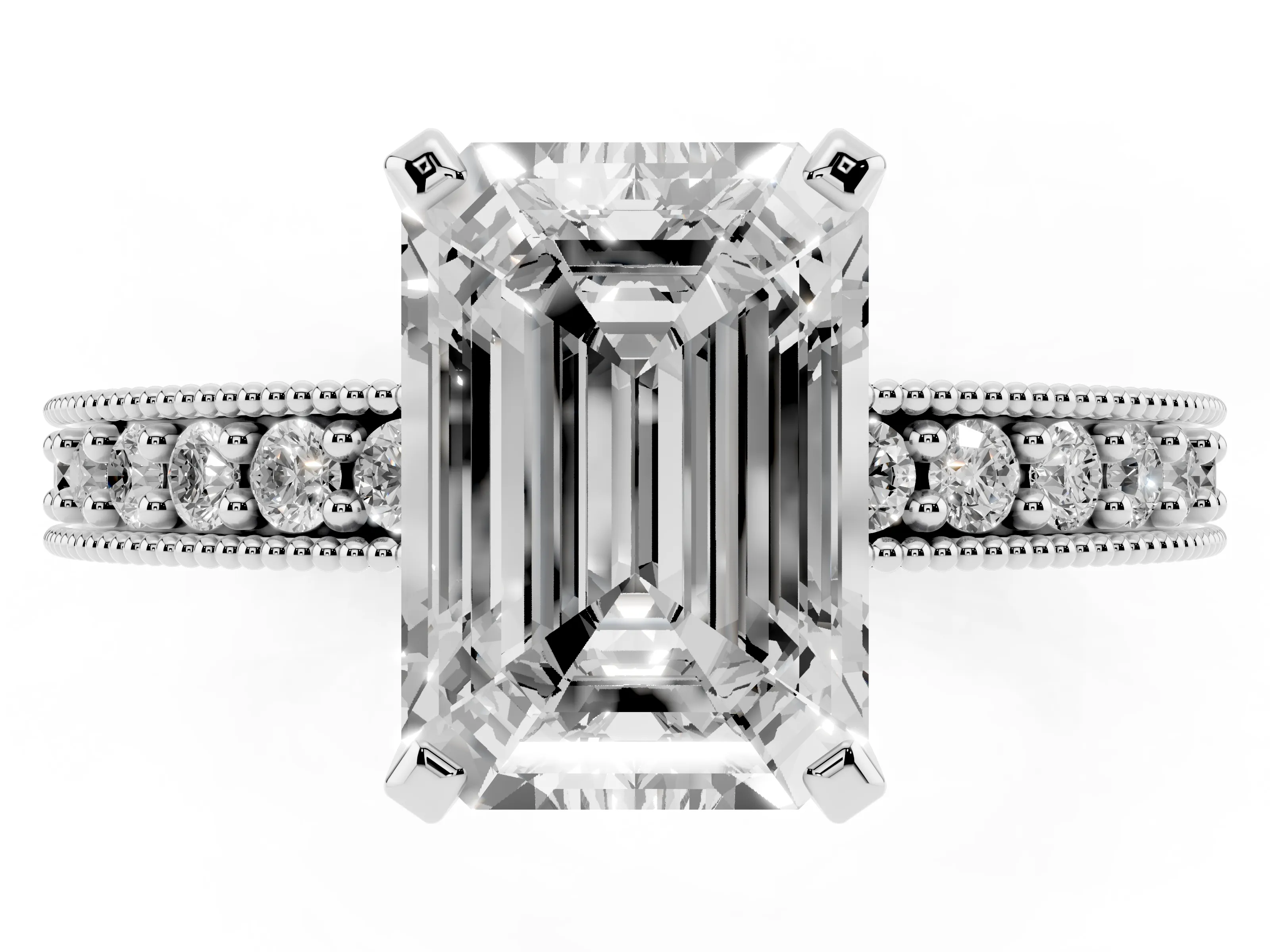 Emerald Cut Diamond Milgrain Pavé Engagement Ring Set in Platinum with Prong Setting