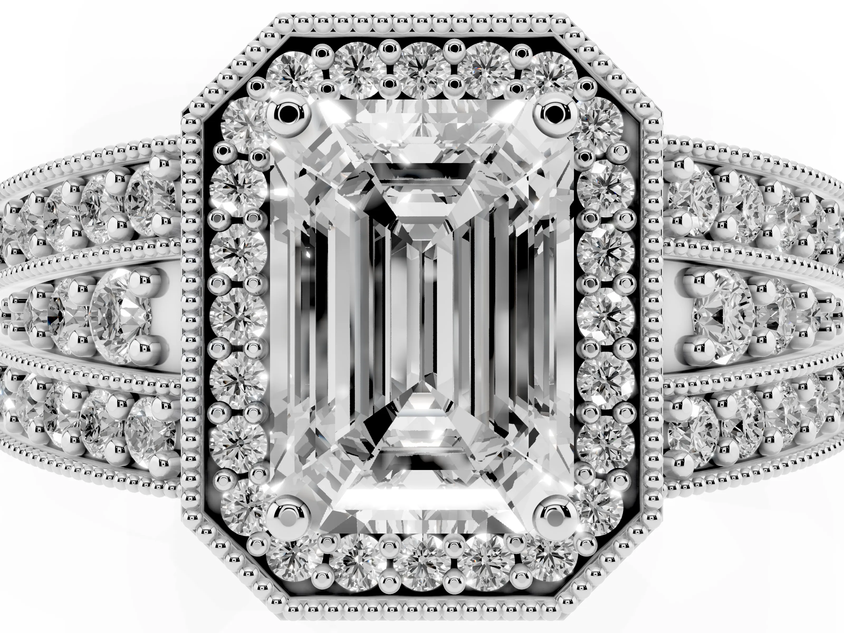 Emerald Cut Diamond Halo Ring Set in Silver with Accent Split Shank and Prong Setting