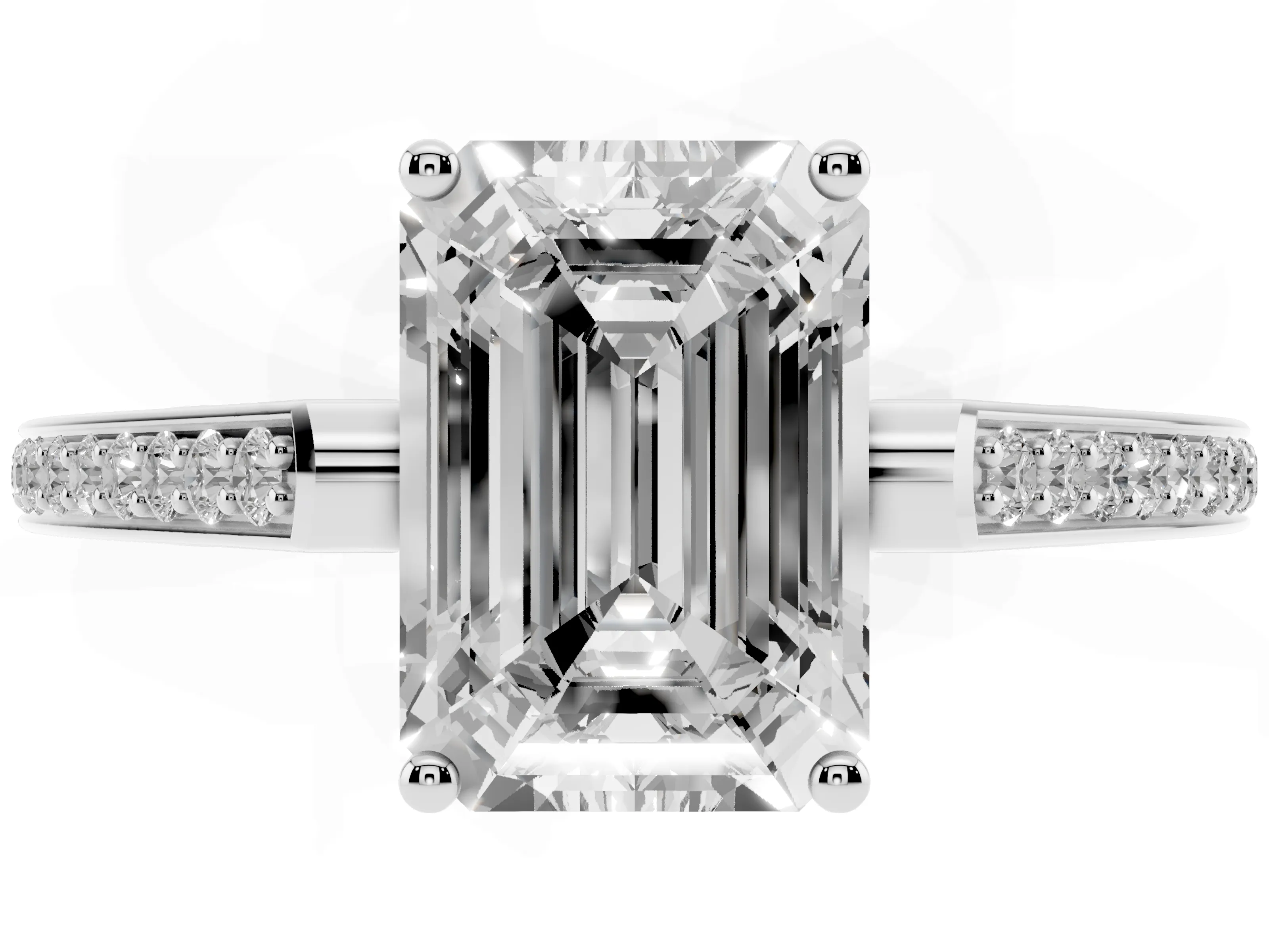 Emerald Cut Diamond Cathedral Pavé Engagement Ring Set in Platinum with Prong Setting