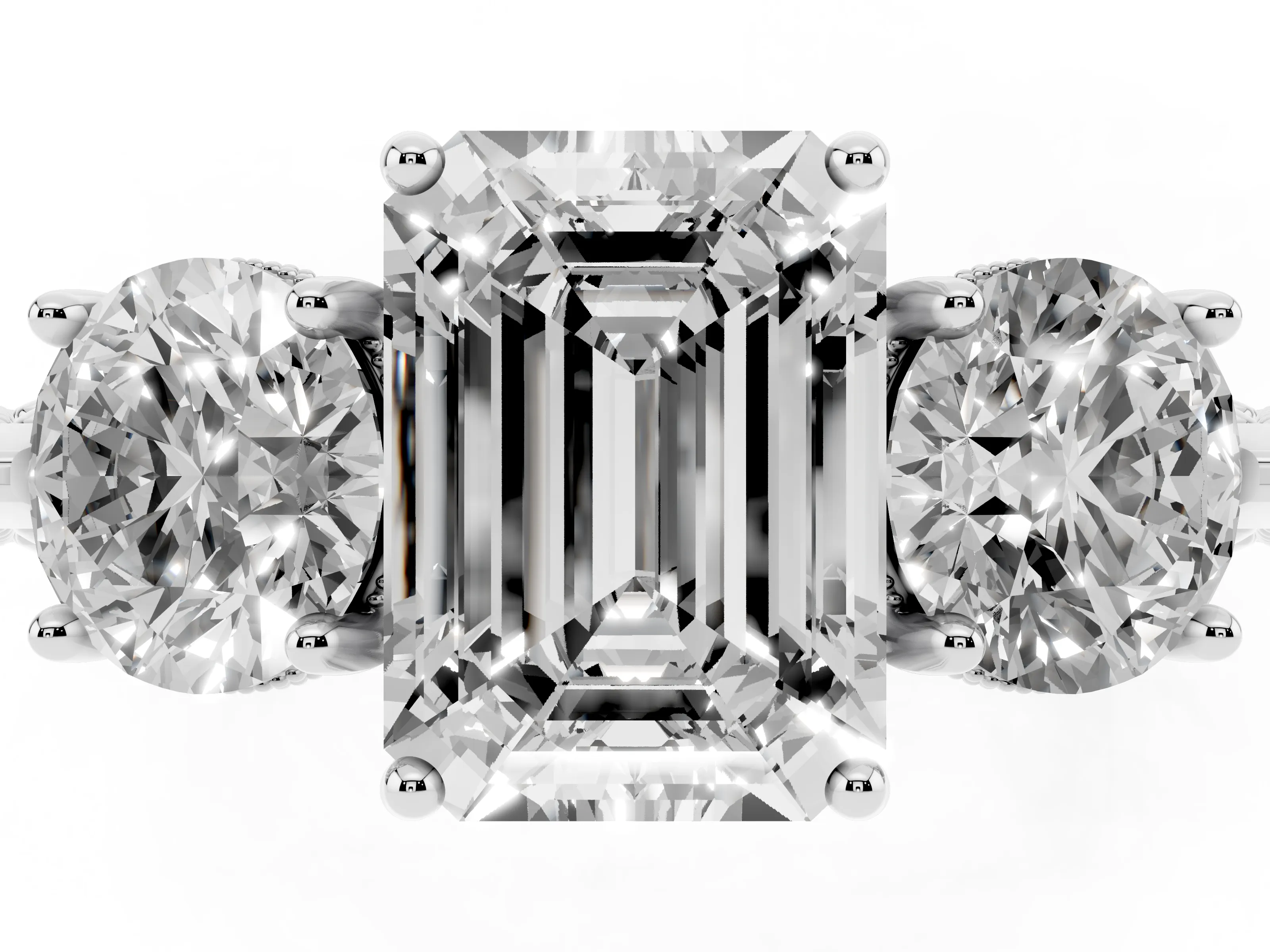 Emerald Cut Diamond Three-Stone Ring Set in Platinum with Milgrain Band
