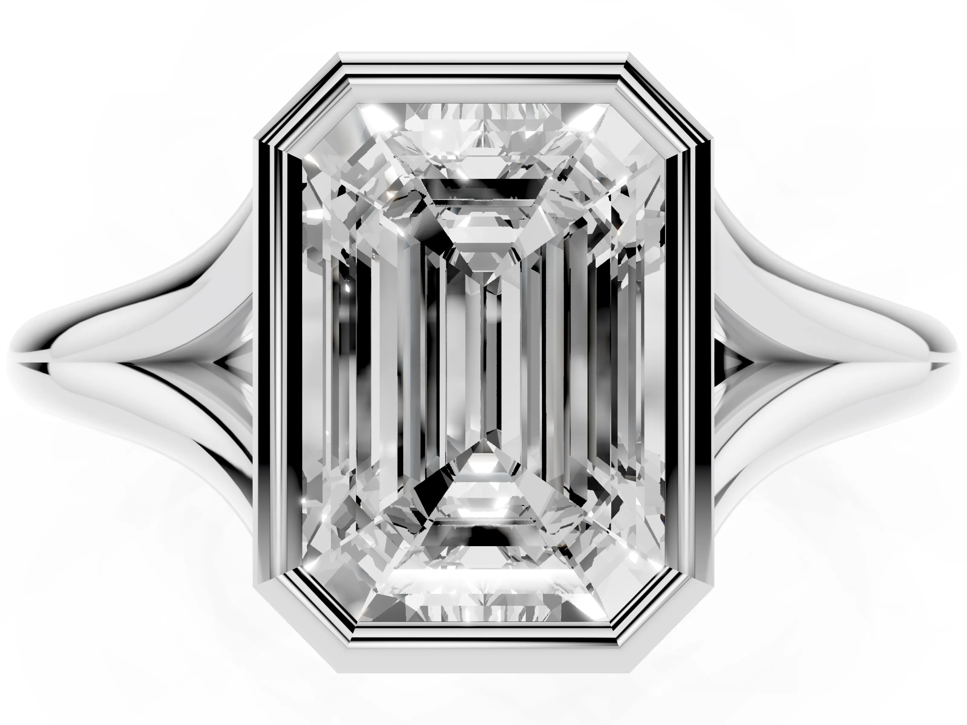 Bezel Set Emerald Cut Diamond Solitaire Ring Set in Platinum with Tapered Band