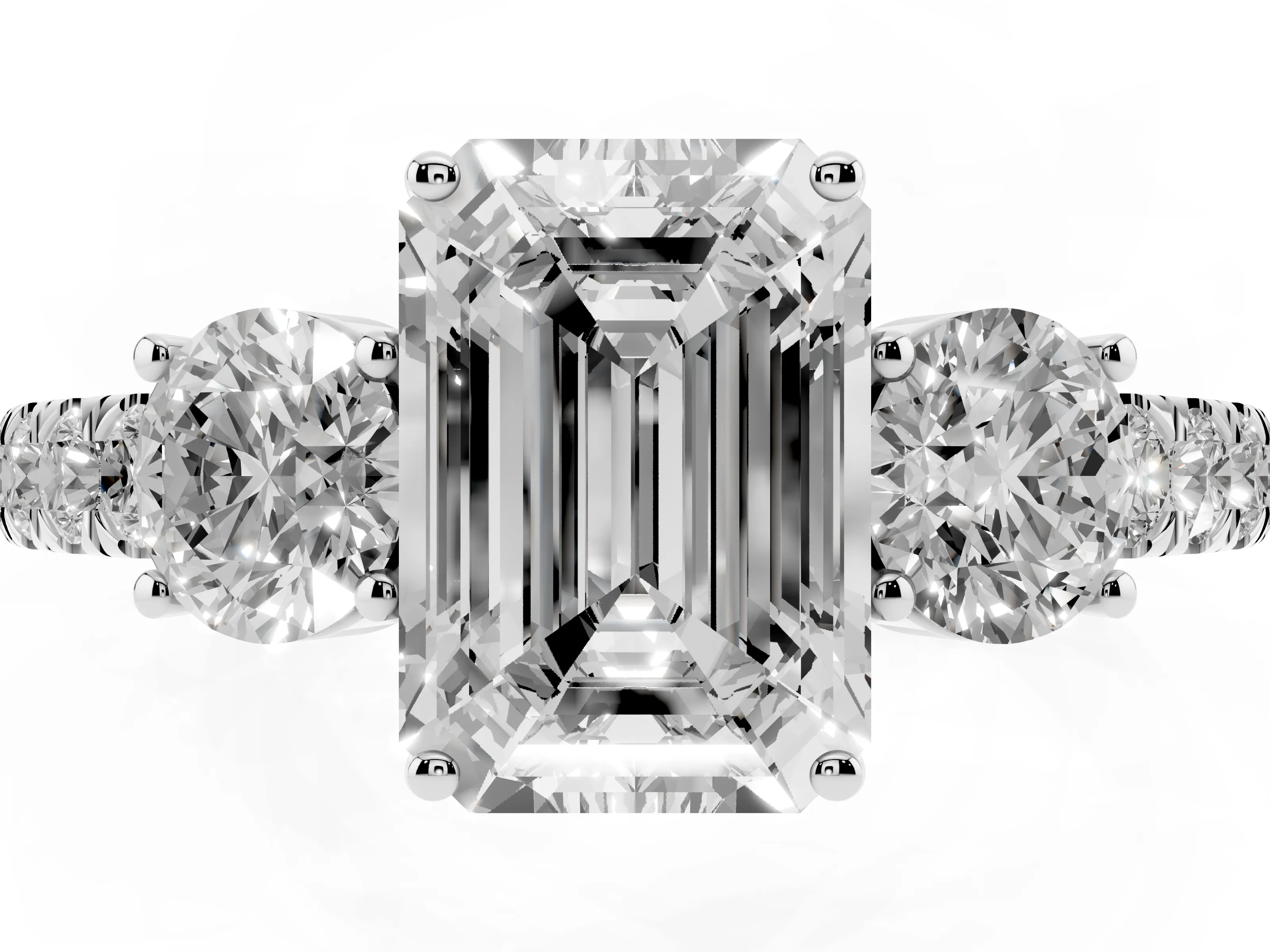 Emerald Cut Diamond Three-Stone Ring Set in White gold with Round Side Stones and Delicate Pavé Band