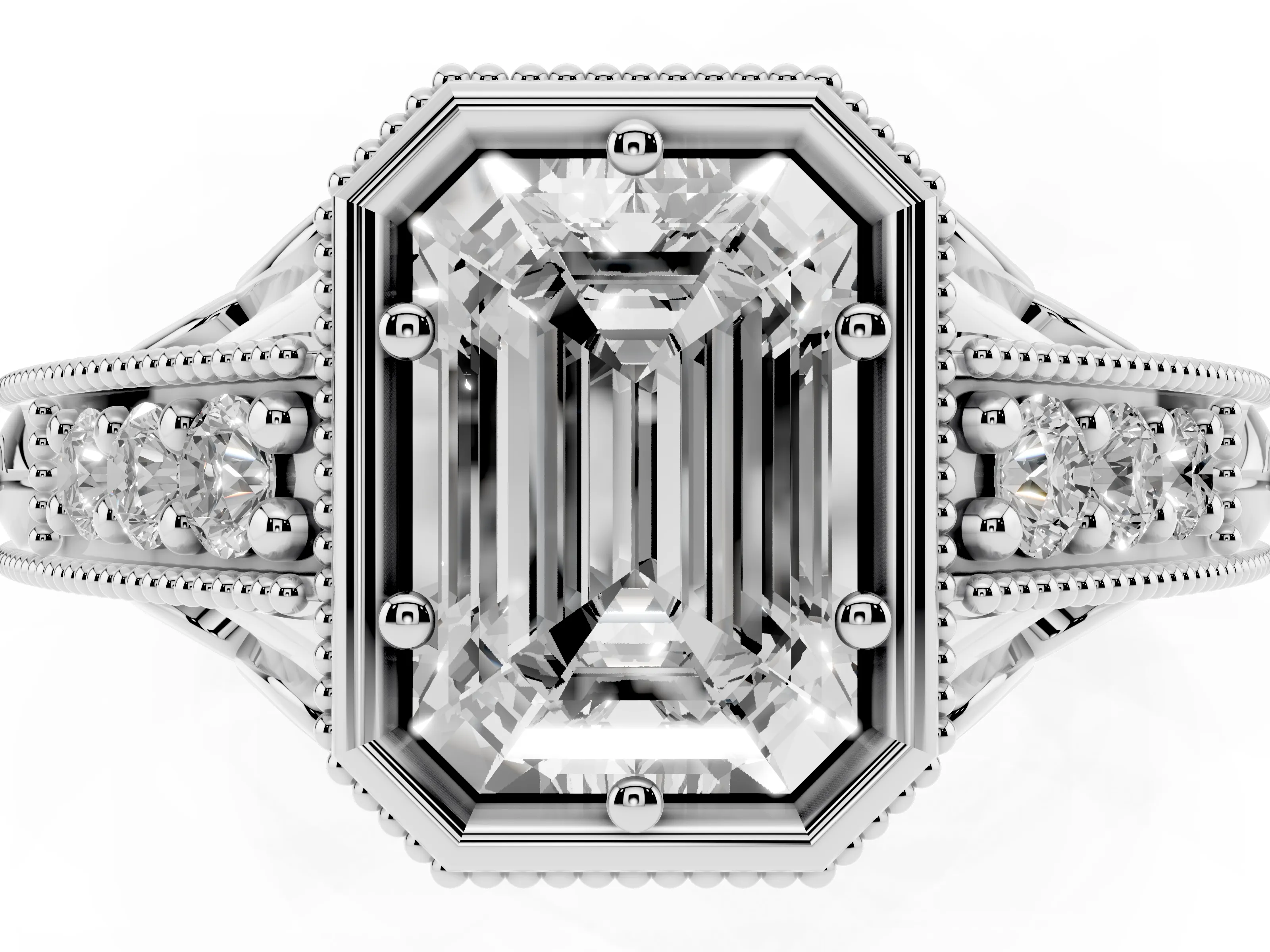 Bezel Set Emerald Cut Diamond Milgrain Pavé Engagement Ring Set in Silver