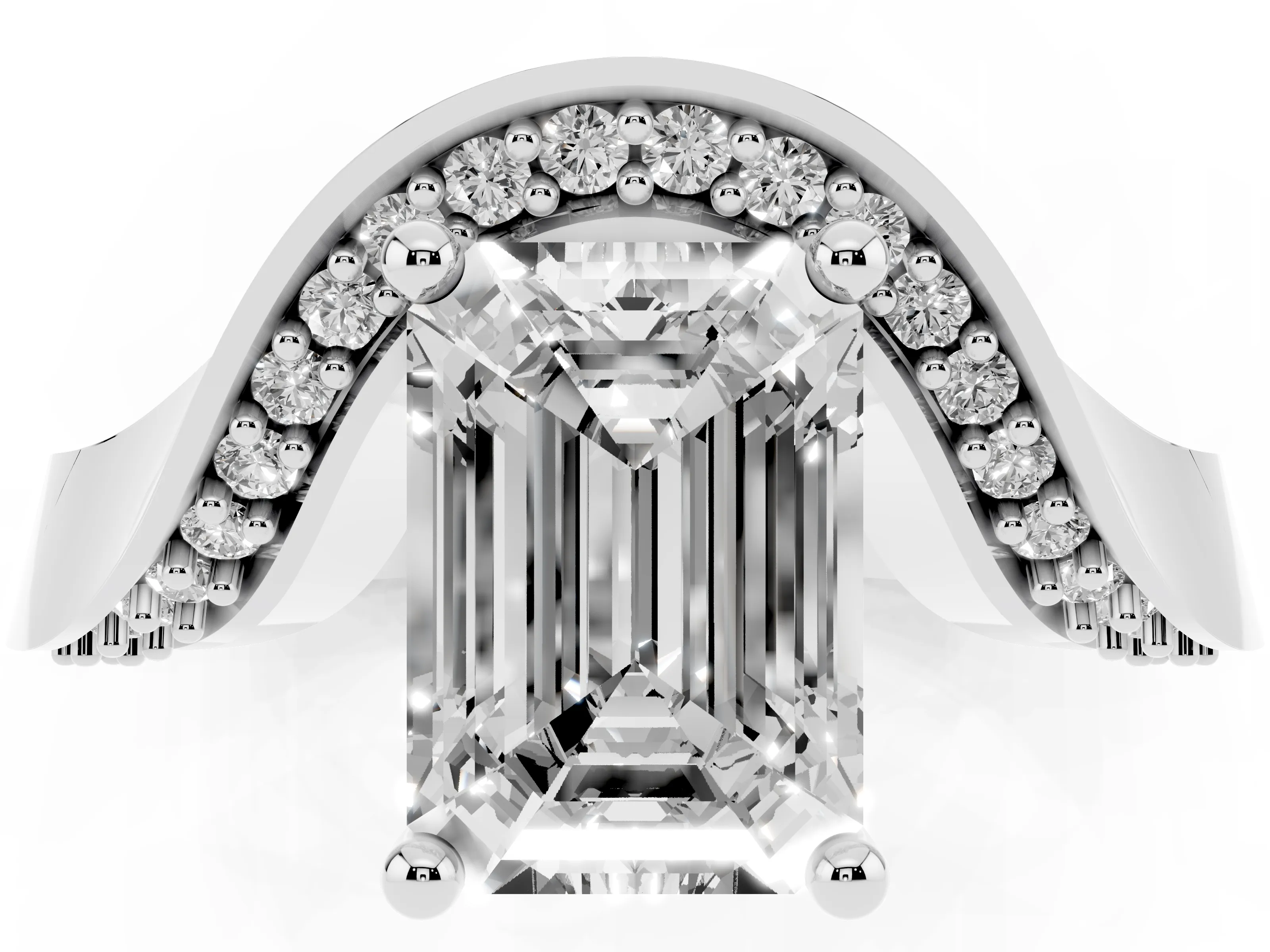 Emerald Cut Diamond Solitaire Engagement Ring Set in Platinum with Pavé Shoulders