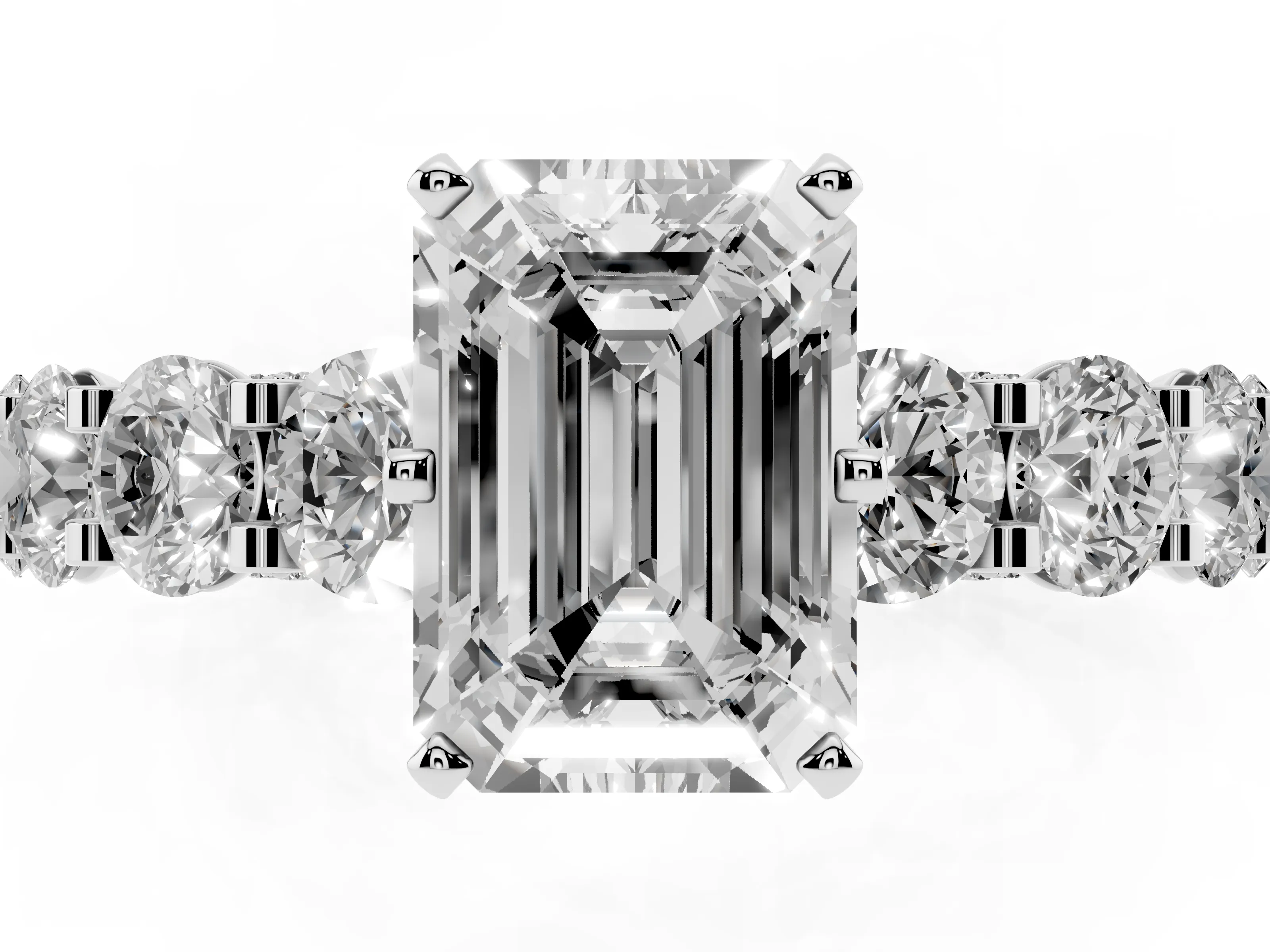 Emerald Cut Diamond Side Stone Ring Set in Silver with Alternating Round and Oval Side Stones
