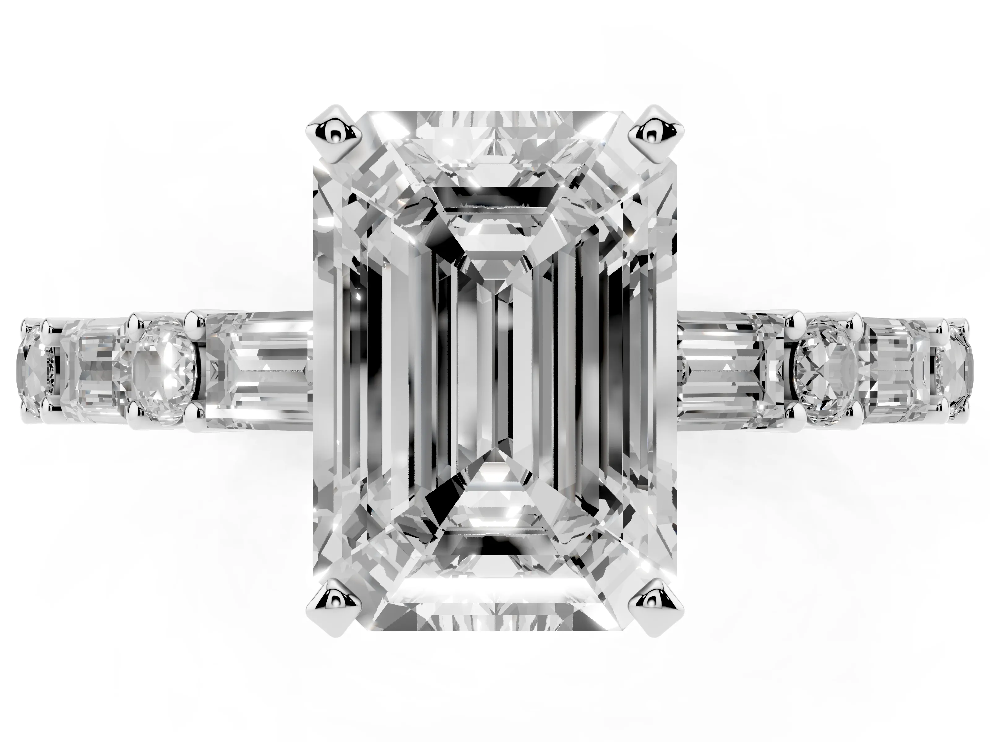 Emerald Cut Diamond Solitaire Set in Platinum with Side Baguettes and Channel Set Band