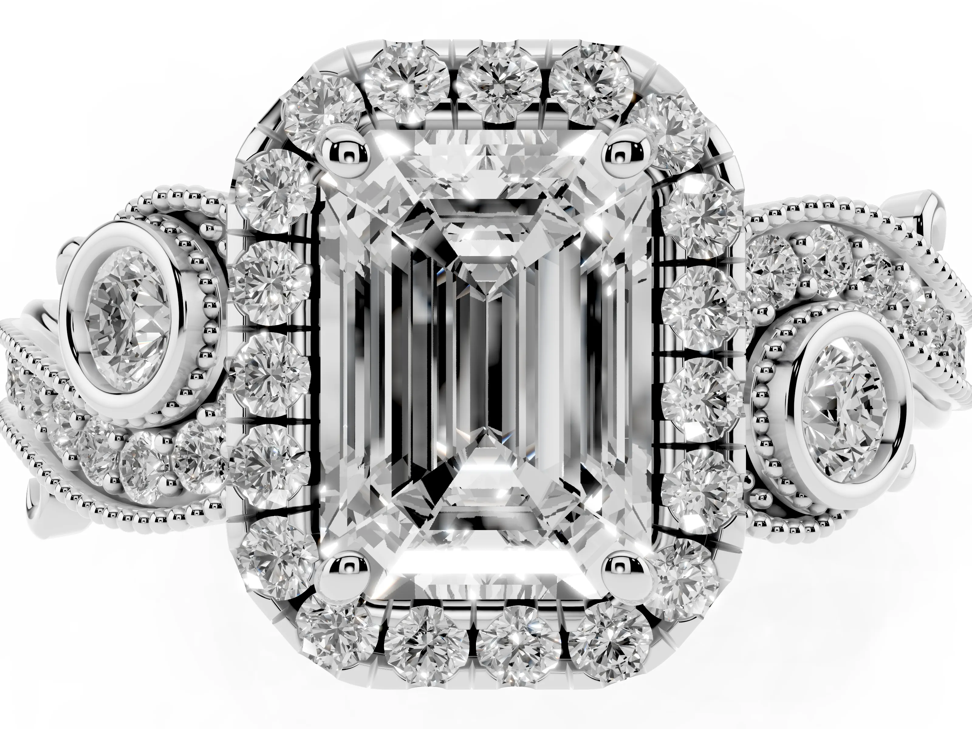 Emerald Cut Diamond Halo Ring Set in Silver with Milgrain Pavé Band and Prong Setting
