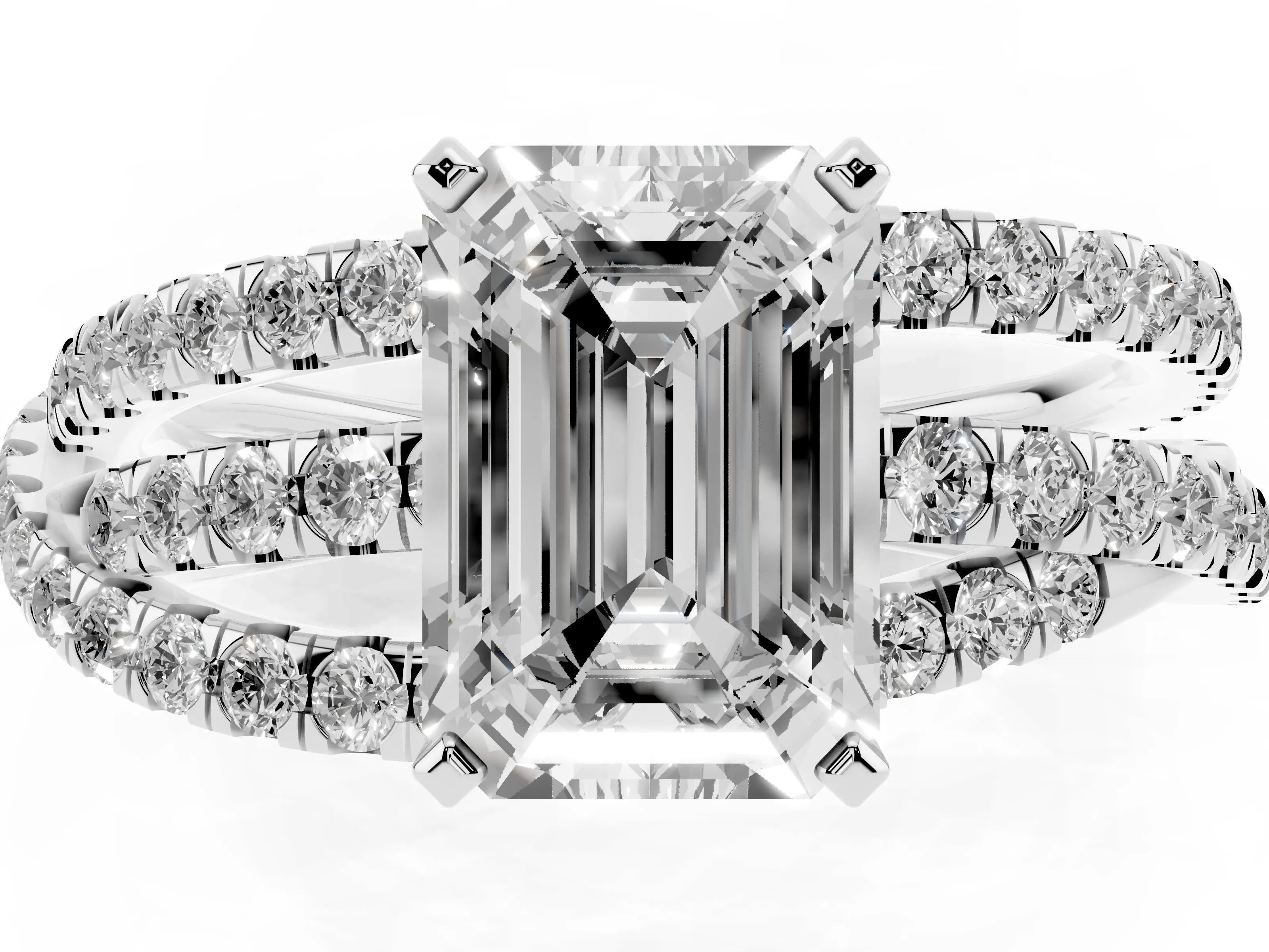 Emerald Cut Diamond Solitaire Twist Band Ring Set in White gold with Pavé Setting and Prong Head