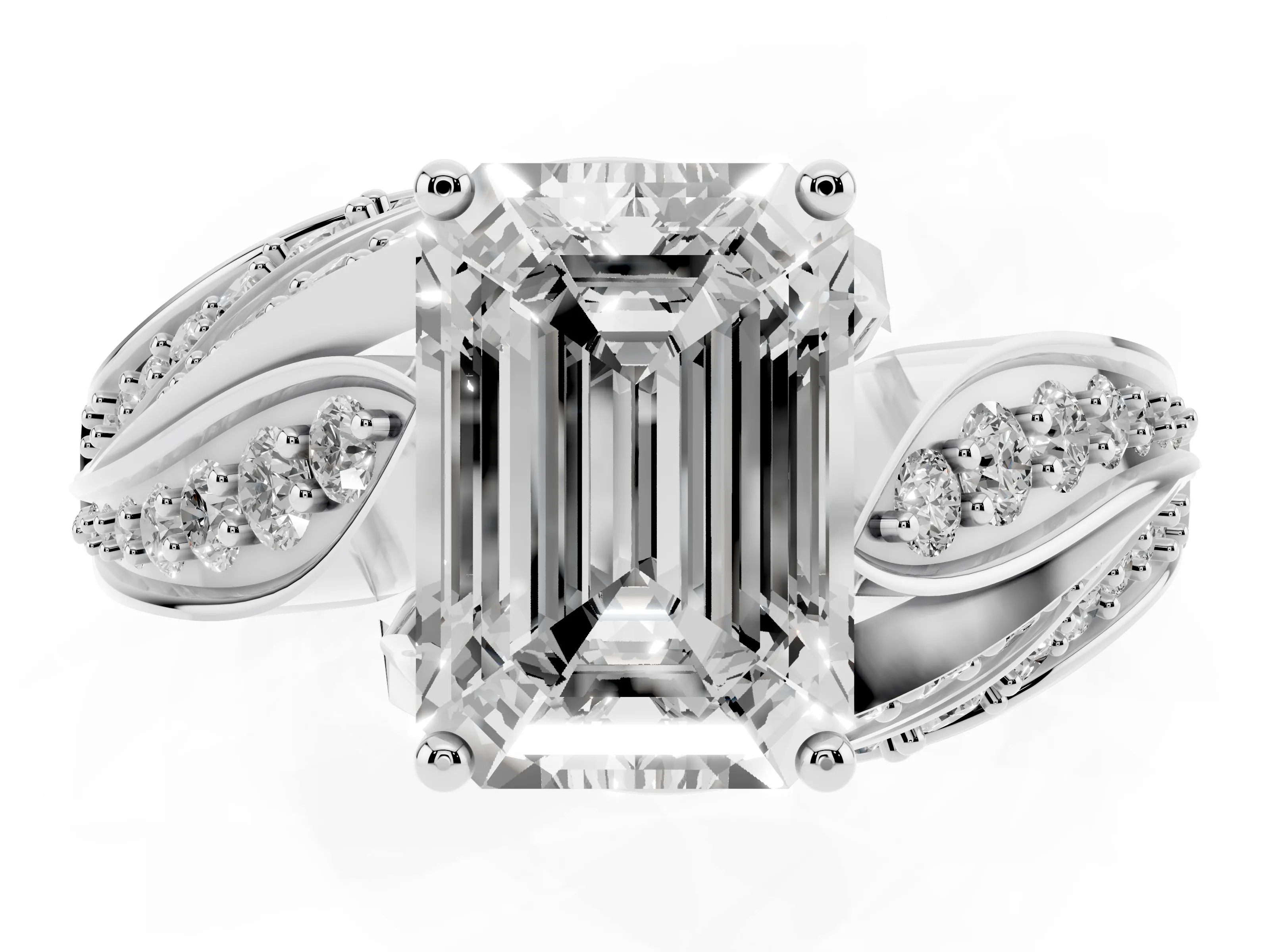 Emerald Cut Diamond Solitaire Ring Set in Silver with Layered Twist Pavé Band