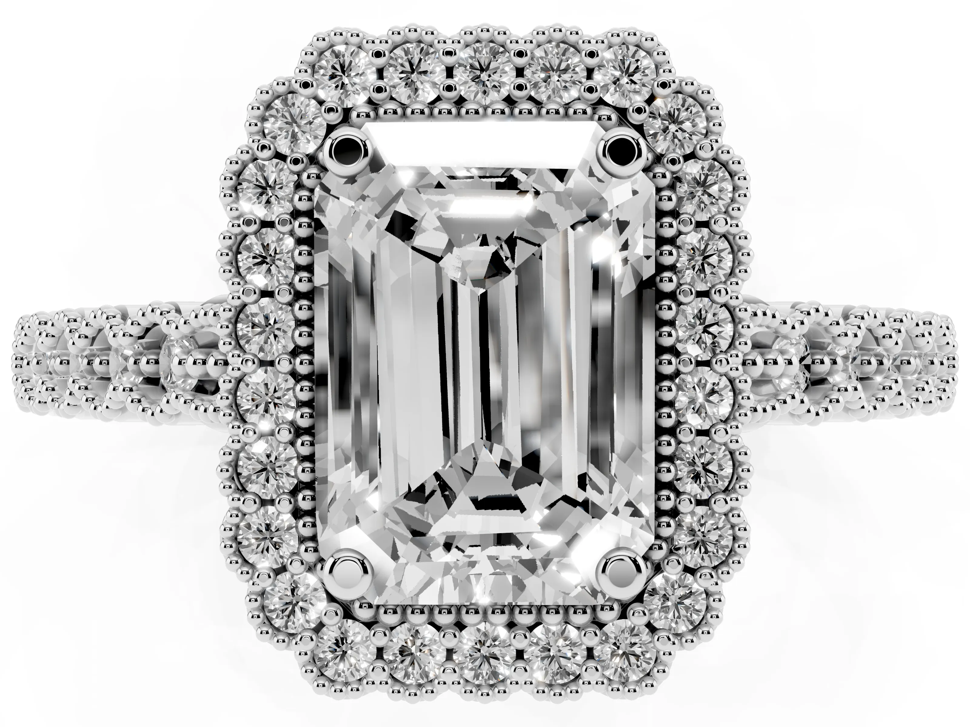 Emerald Cut Diamond Halo Ring Set in White gold with Pavé Milgrain Band