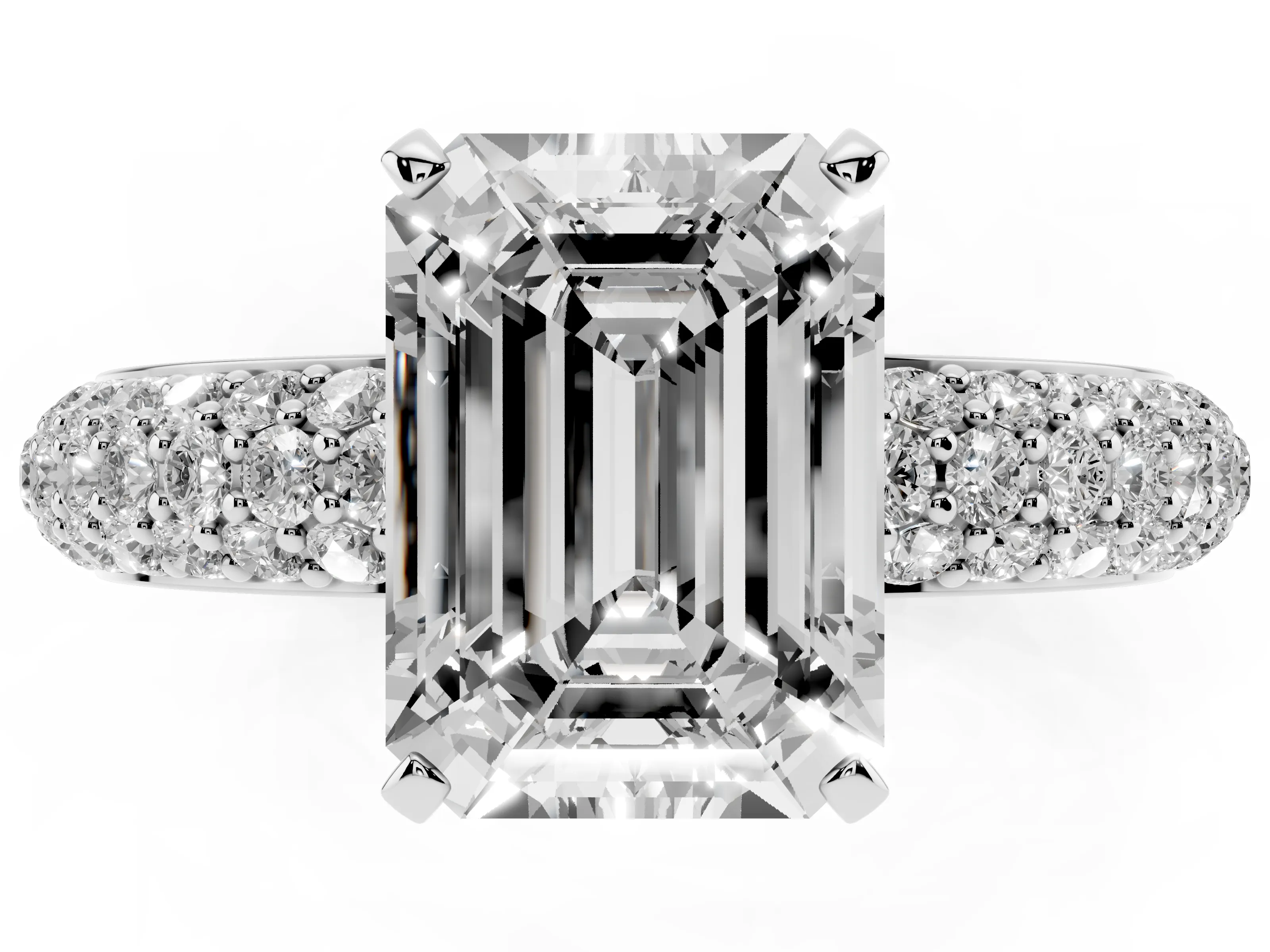 Emerald Cut Diamond Solitaire Ring Set in Platinum with Prong Setting and Pavé-Set Band