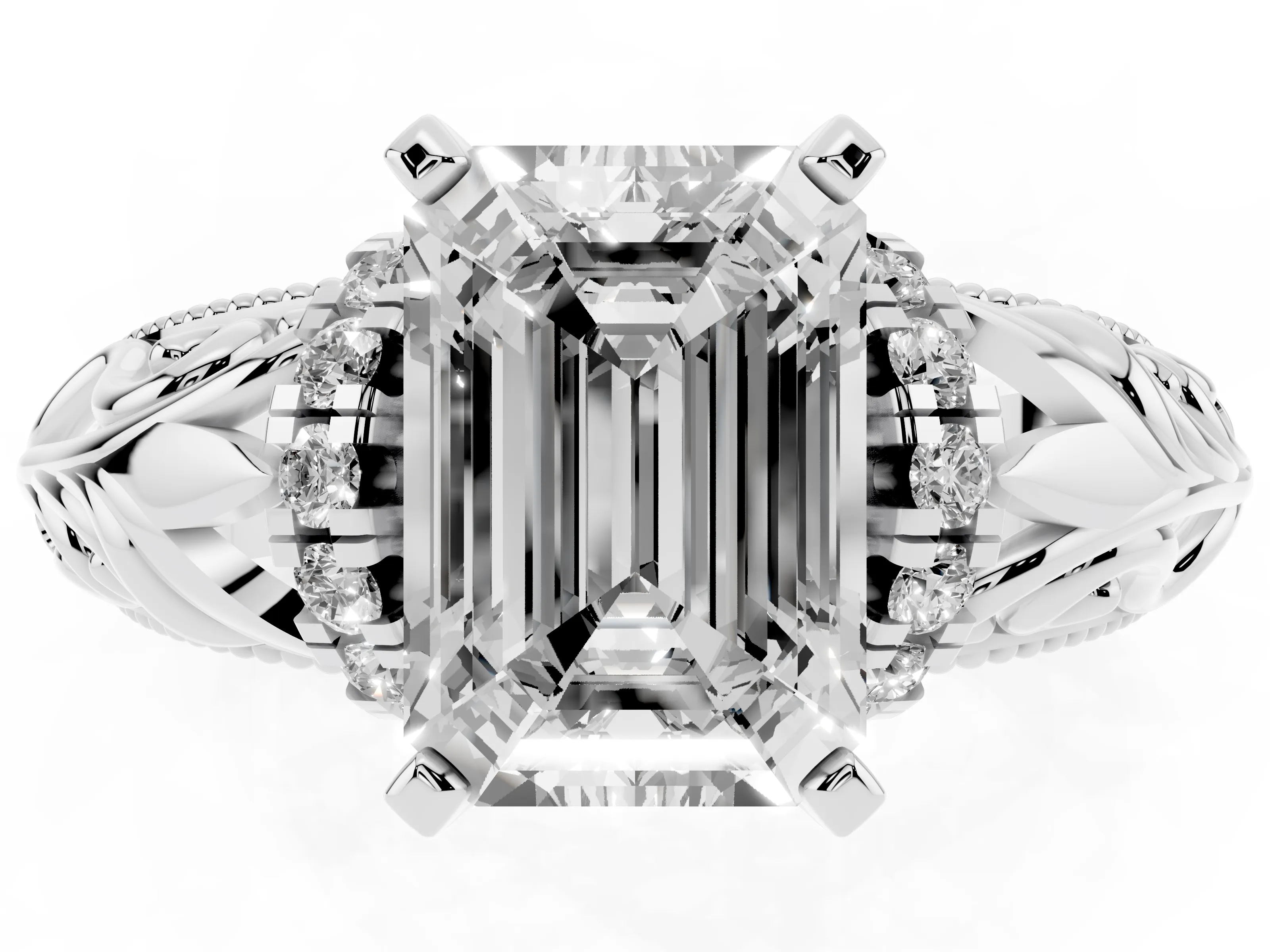 Emerald Cut Diamond Filigree Halo Engagement Ring Set in White gold with Prong Setting