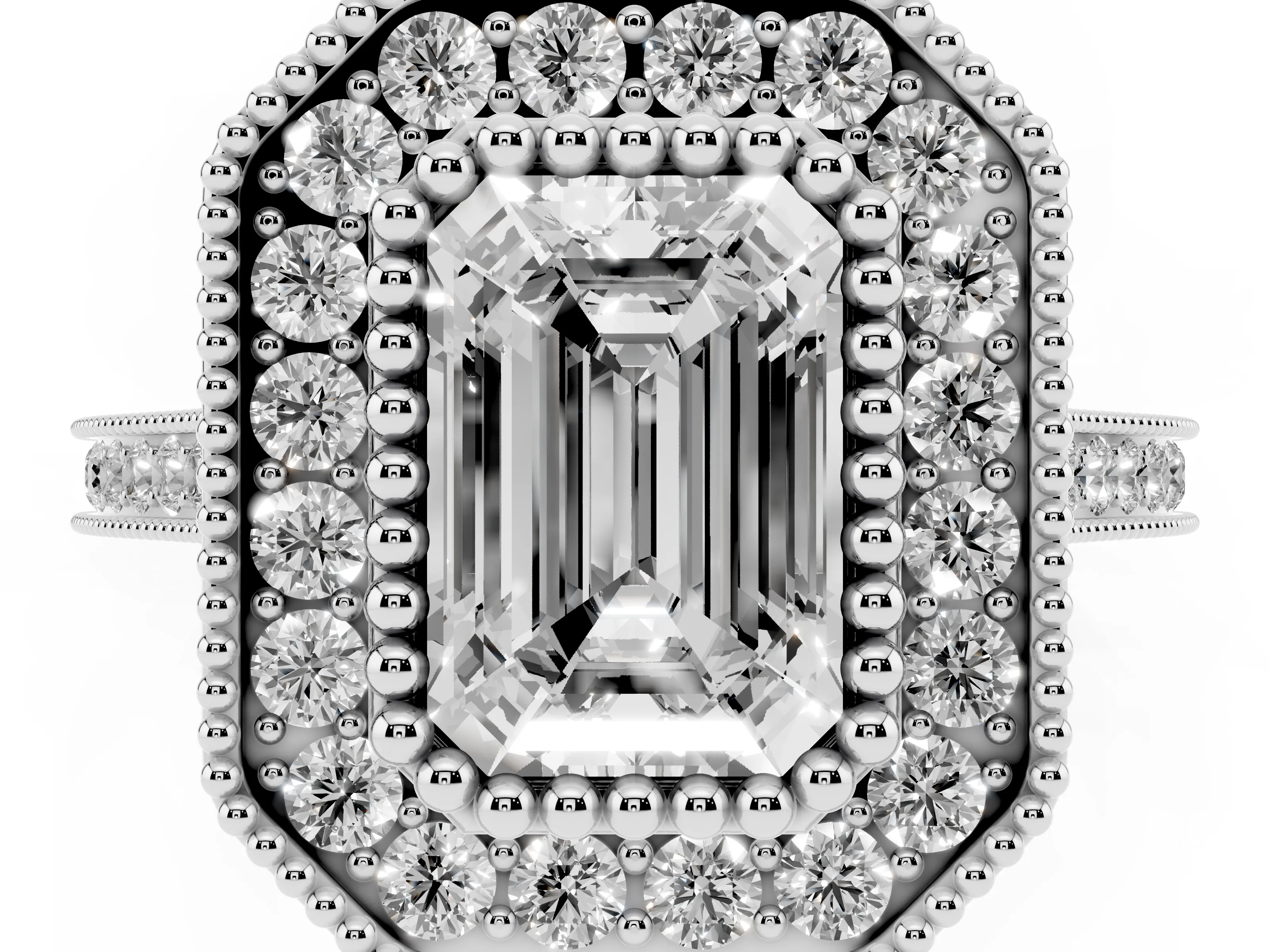 Emerald Cut Diamond Halo Ring Set in White gold with Milgrain Frame and Pavé Band