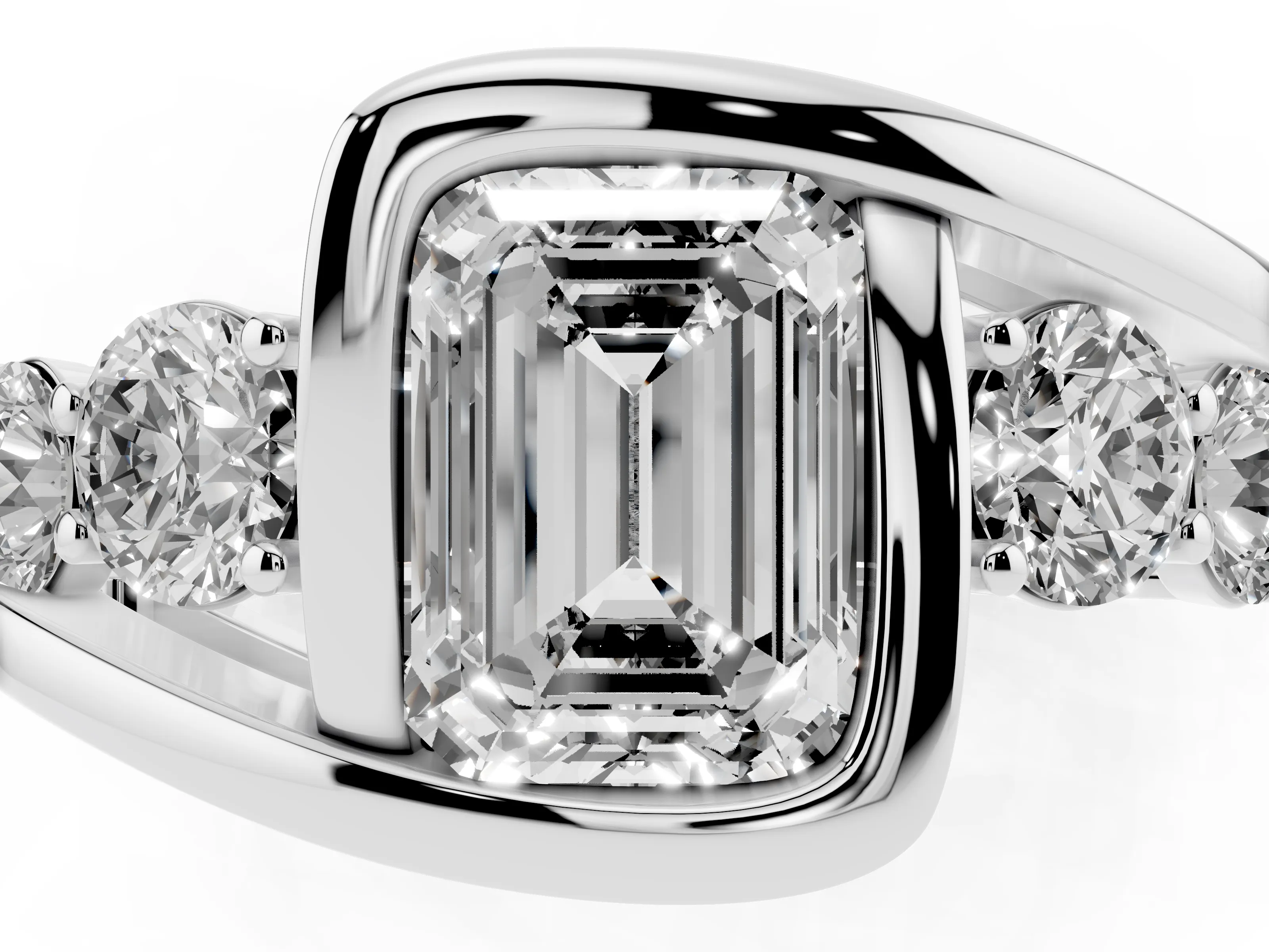 Emerald Cut Diamond Bezel Bypass Ring Set in Silver with Round Accents