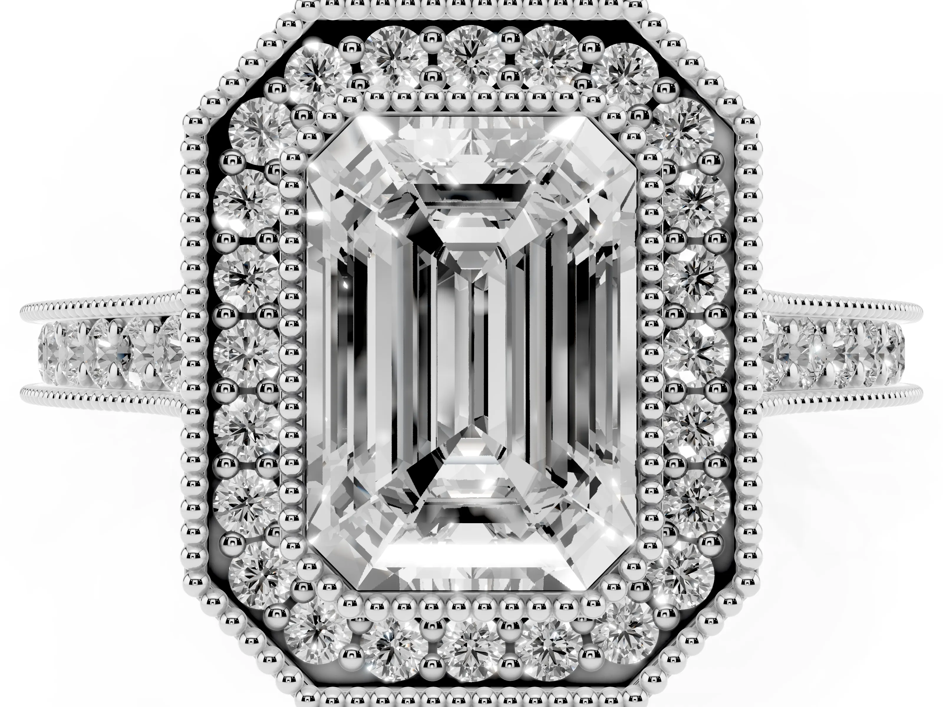 Emerald Cut Diamond Halo Milgrain Pavé Band Ring Set in White gold with Prong Setting