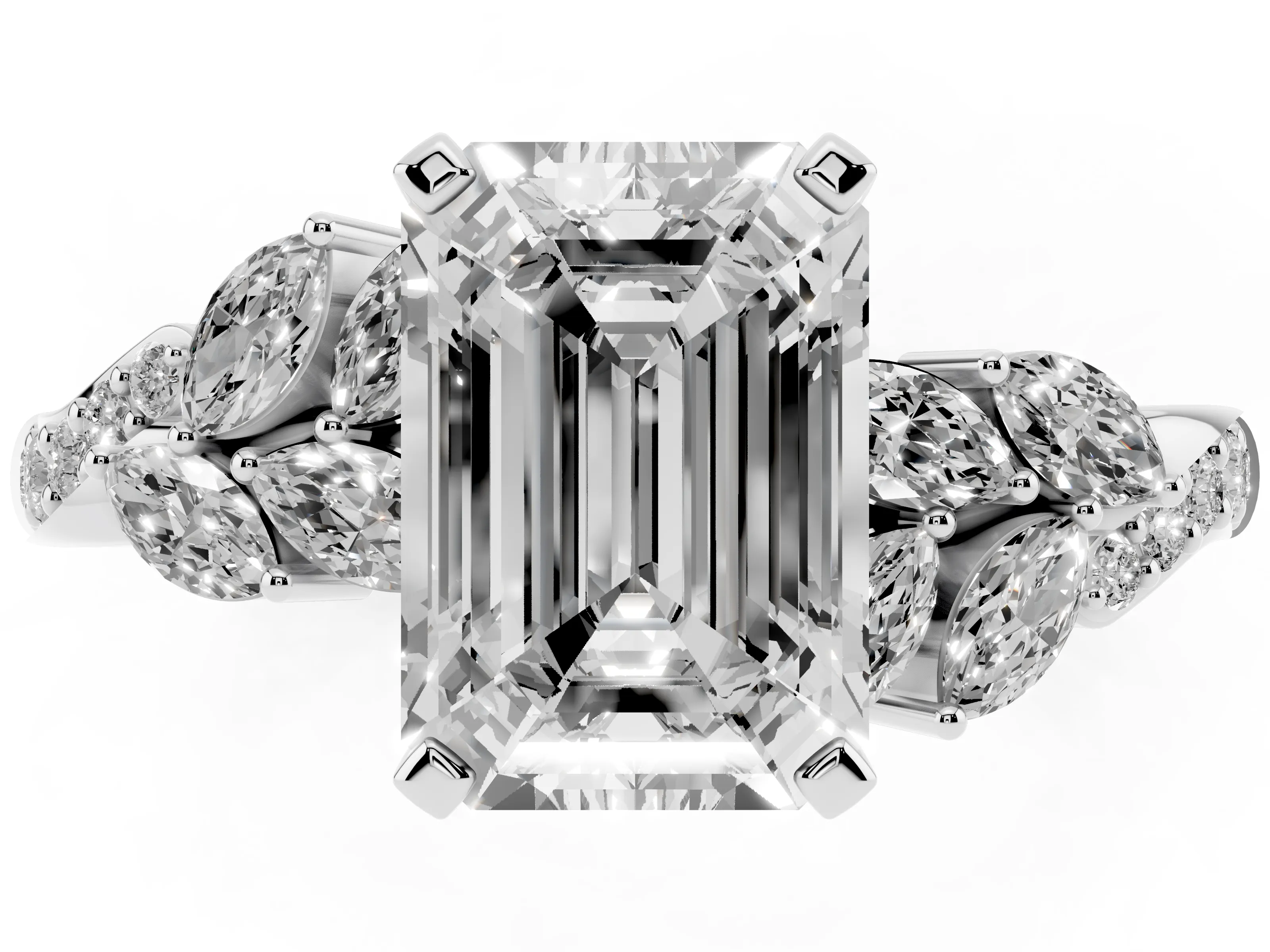 Emerald Cut Diamond Solitaire Ring Set in Silver with Marquise Twist Band and Prong Setting