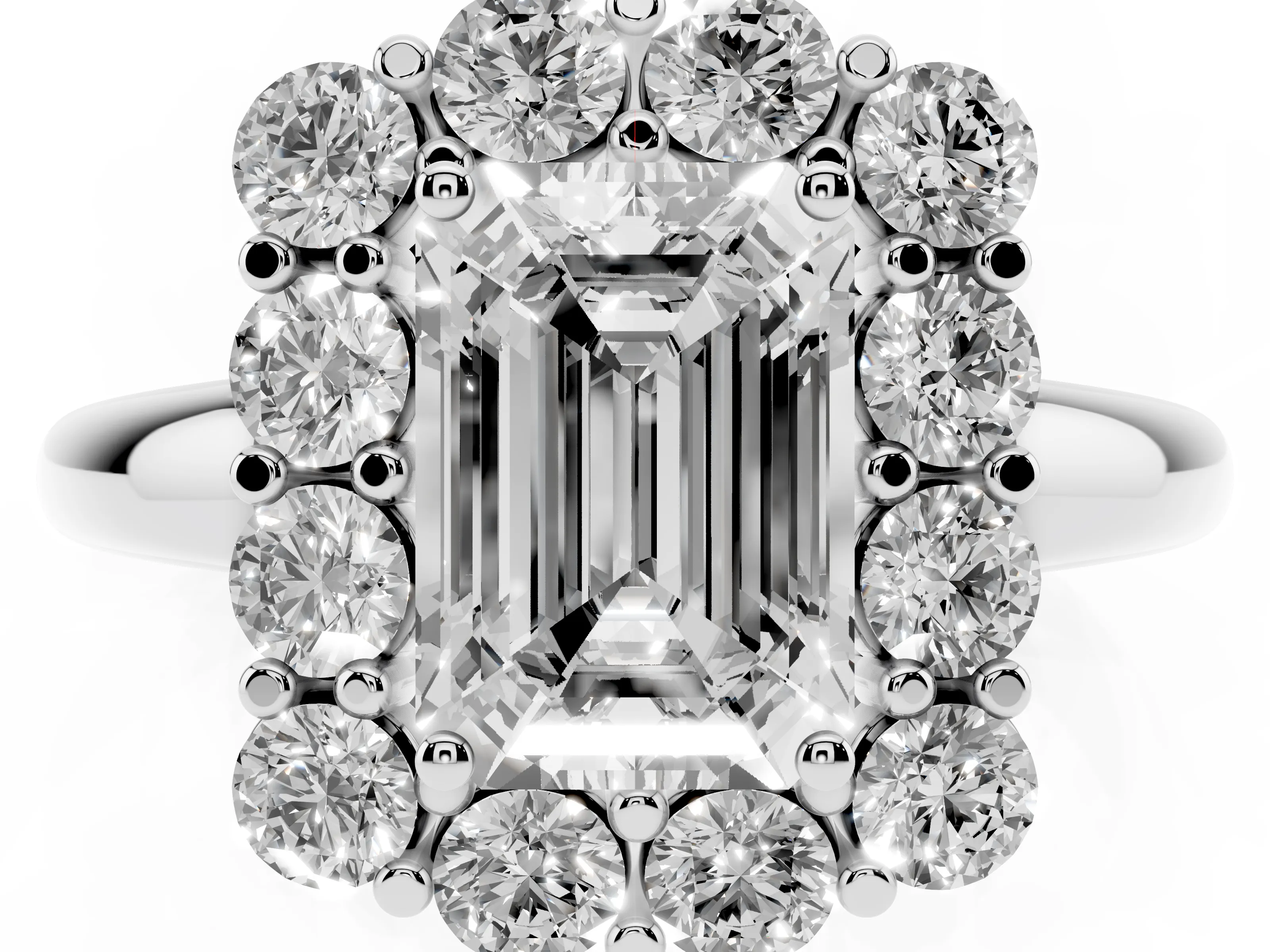 Emerald Cut Diamond Halo Cluster Engagement Ring Set in White gold with Polished Band and Prong Setting