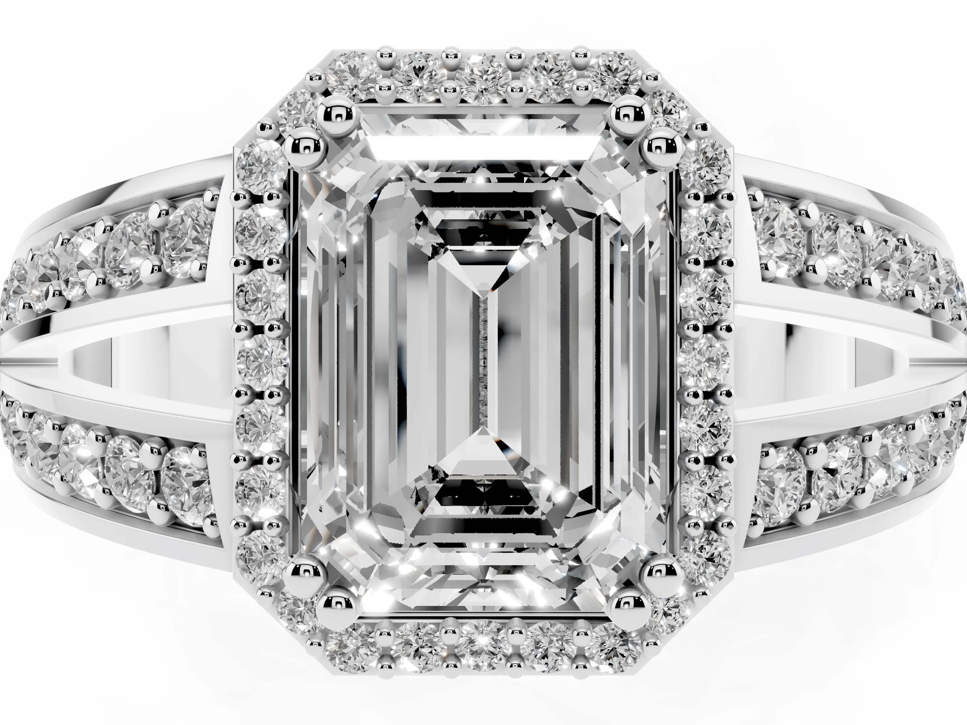 Emerald Cut Diamond Halo Ring Set in White gold with Double Pavé Split Shank