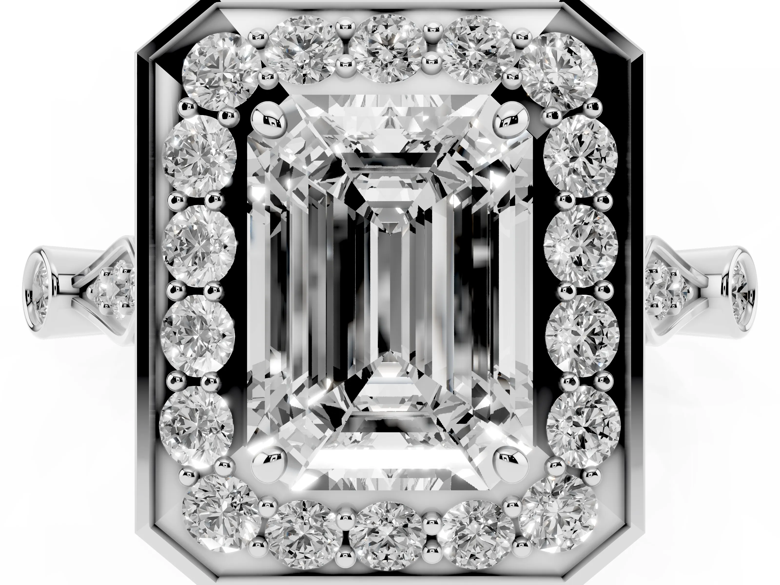 Emerald Cut Diamond Halo Engagement Ring Set in Platinum with Twisted Band and Prong Setting