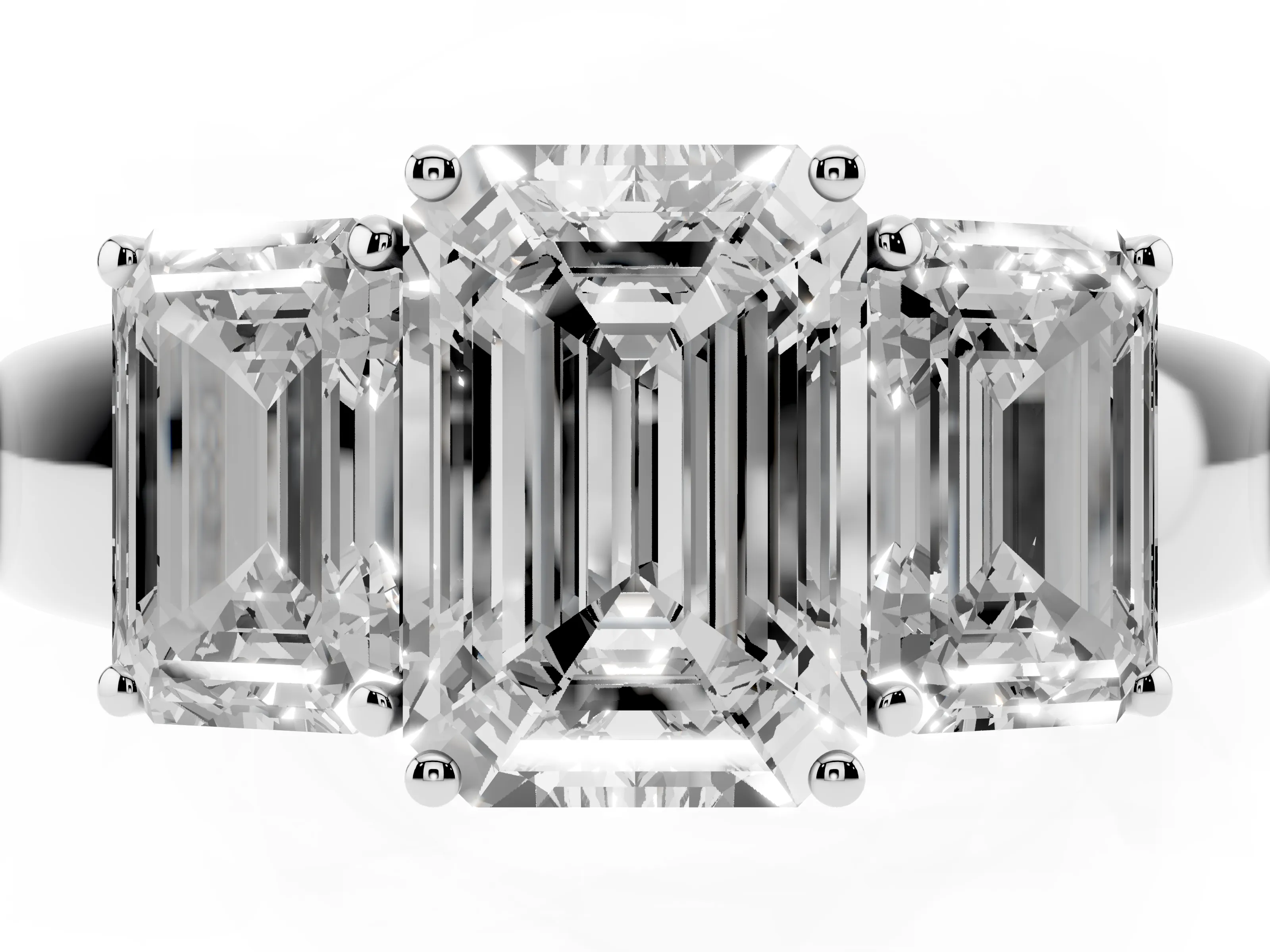 Three-Stone Emerald Cut Diamond Ring Set in Silver with Matching Prong Settings and Plain Band
