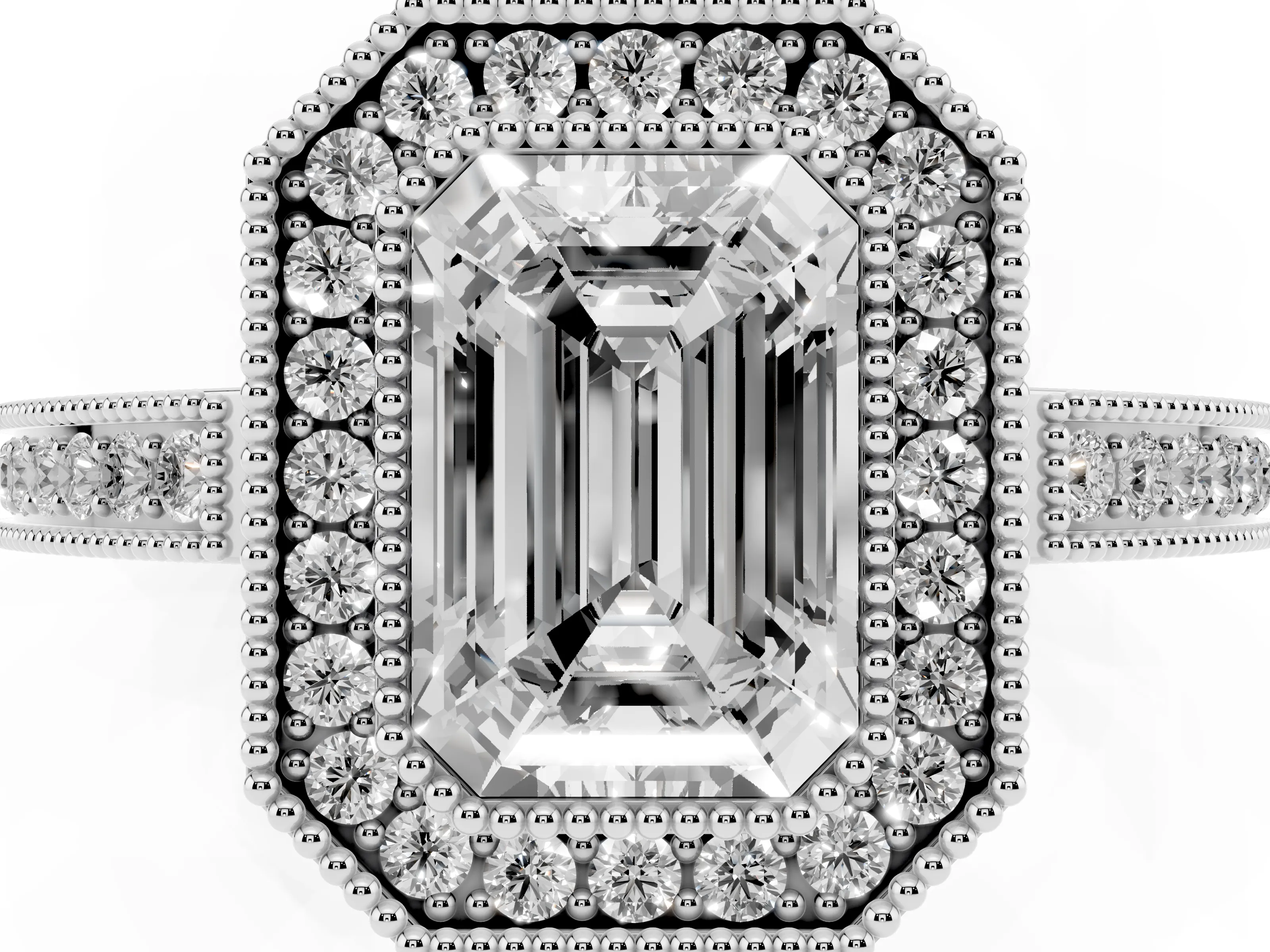 Emerald Cut Diamond Halo Ring Set in White gold with Pavé Band and Milgrain-Edged Prongs
