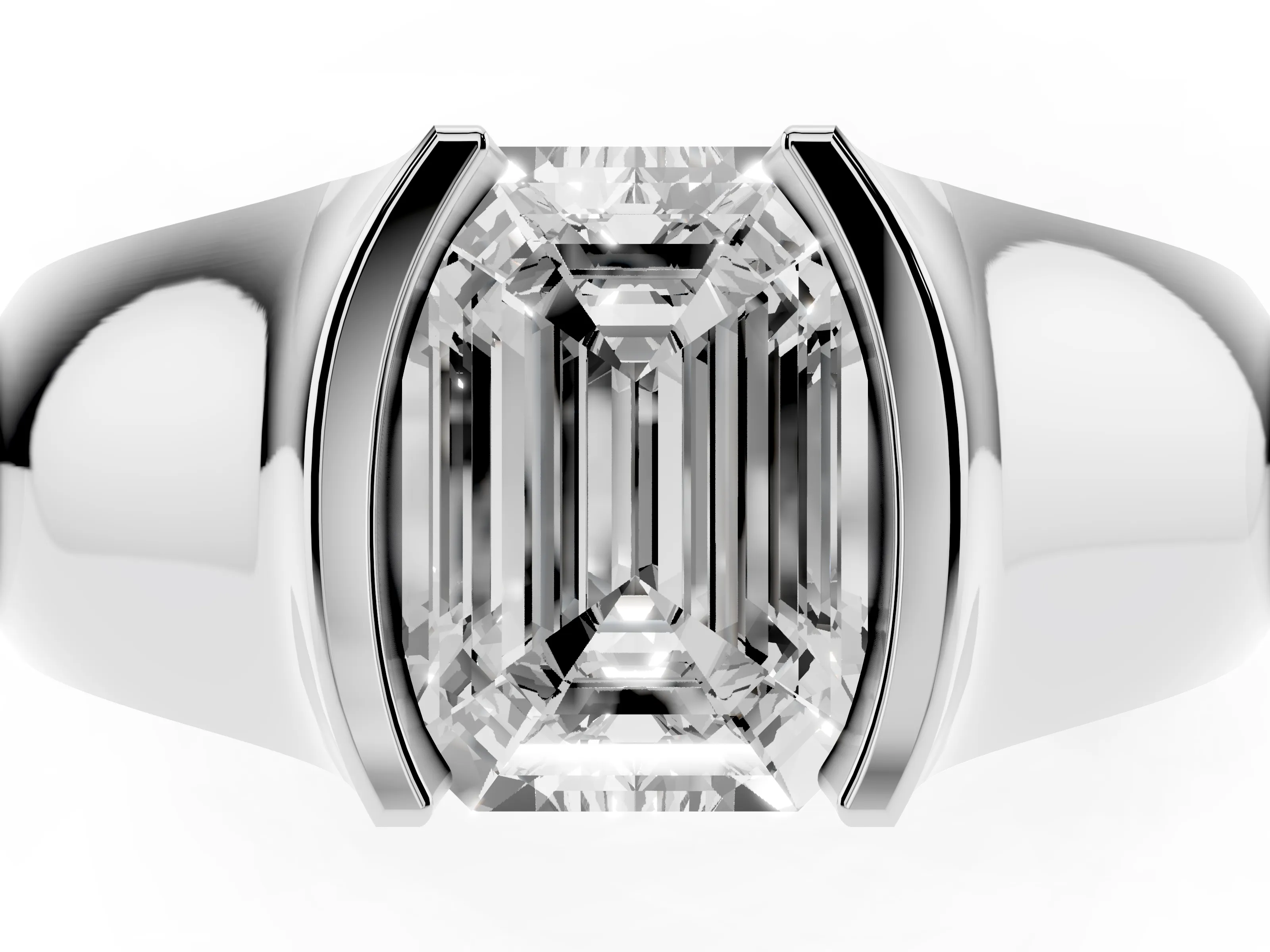 Emerald Cut Diamond Bezel Solitaire Ring Set in Silver with Wide Band