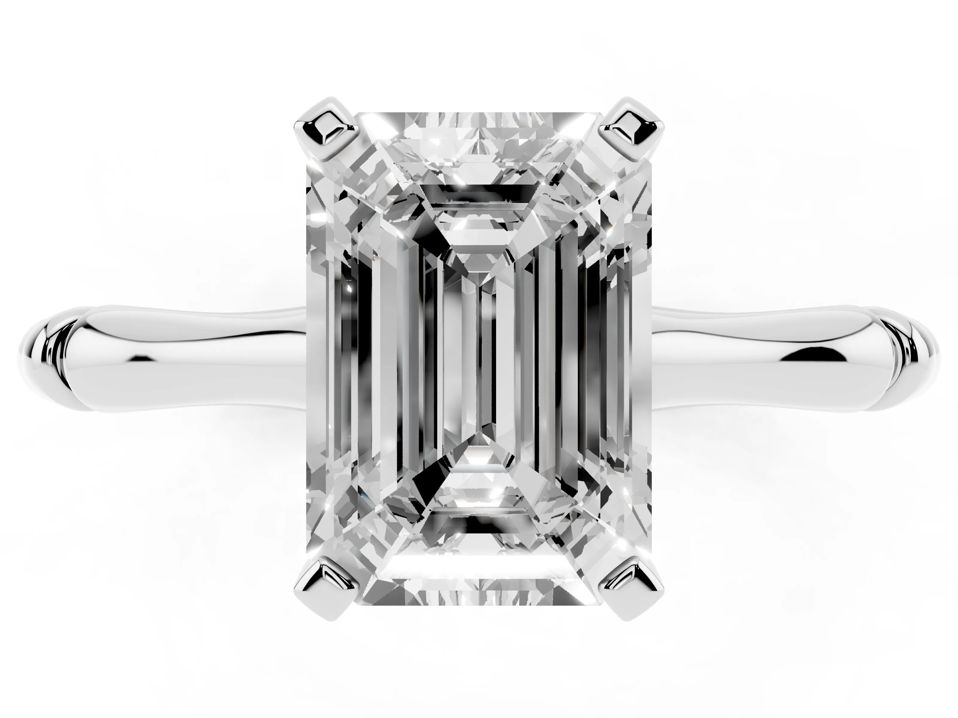 Emerald Cut Diamond Solitaire Ring Set in Silver with Bamboo Band and Prong Setting